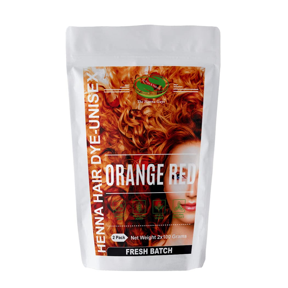 The Henna Guys red/orange hair dye packs for natural color and conditioning.