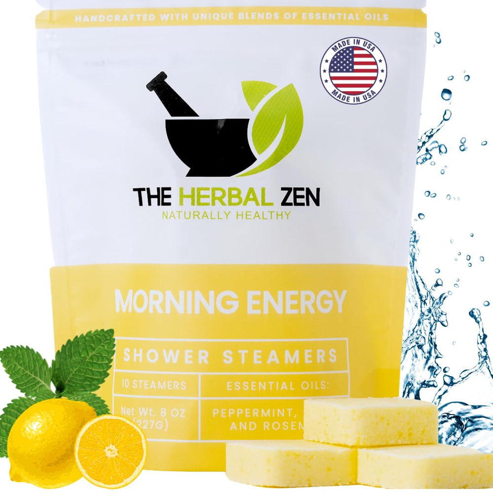The Herbal Zen Morning Energy Shower Steamer pack, peppermint and lemon aroma energizes your morning.