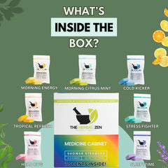 The Herbal Zen shower steamers pack in bathroom setting, convenient self-care ritual.