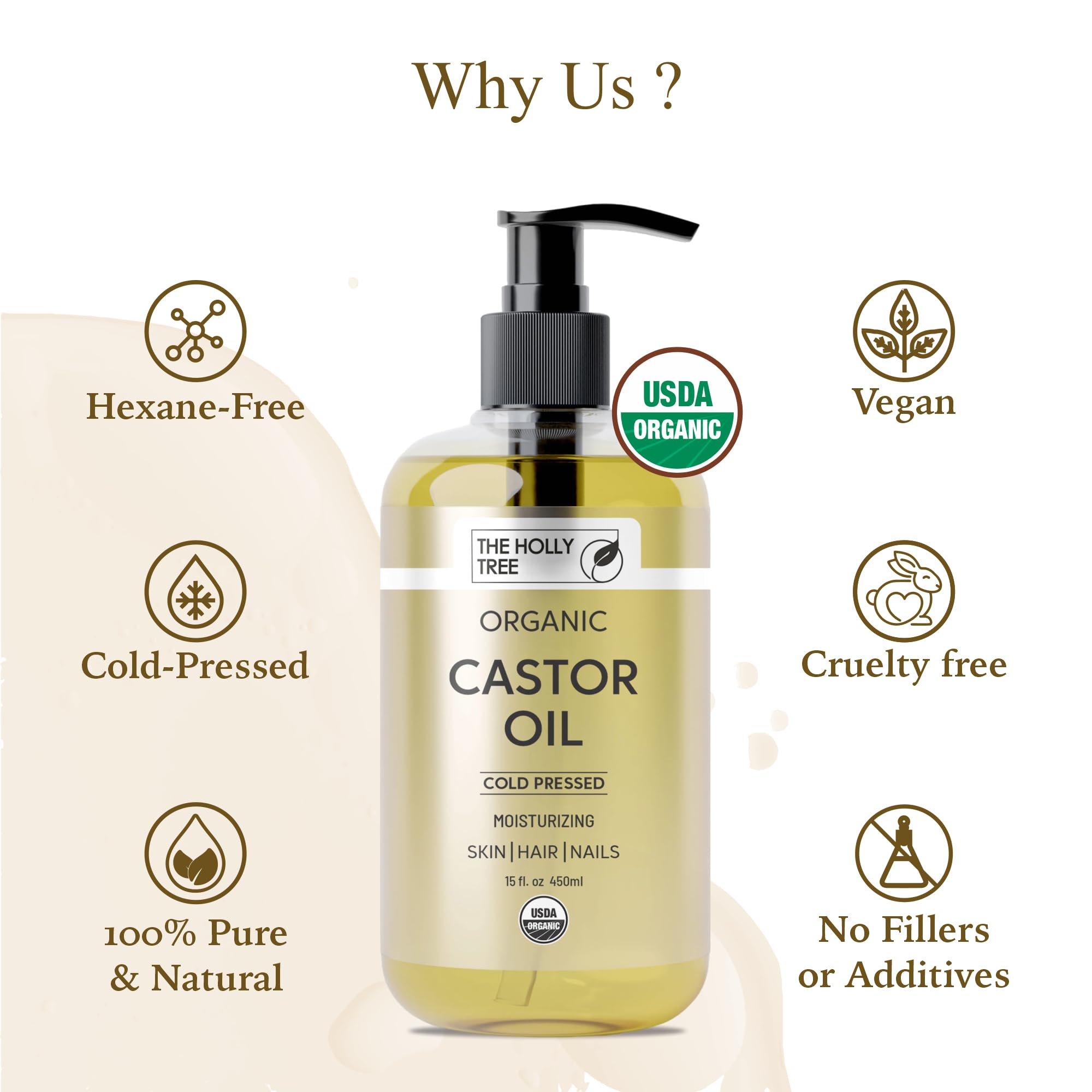 Closeup of The Holly Tree Organic Castor Oil label highlighting purity and organic status