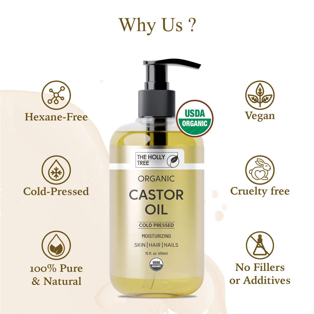 Closeup of The Holly Tree Organic Castor Oil label highlighting purity and organic status
