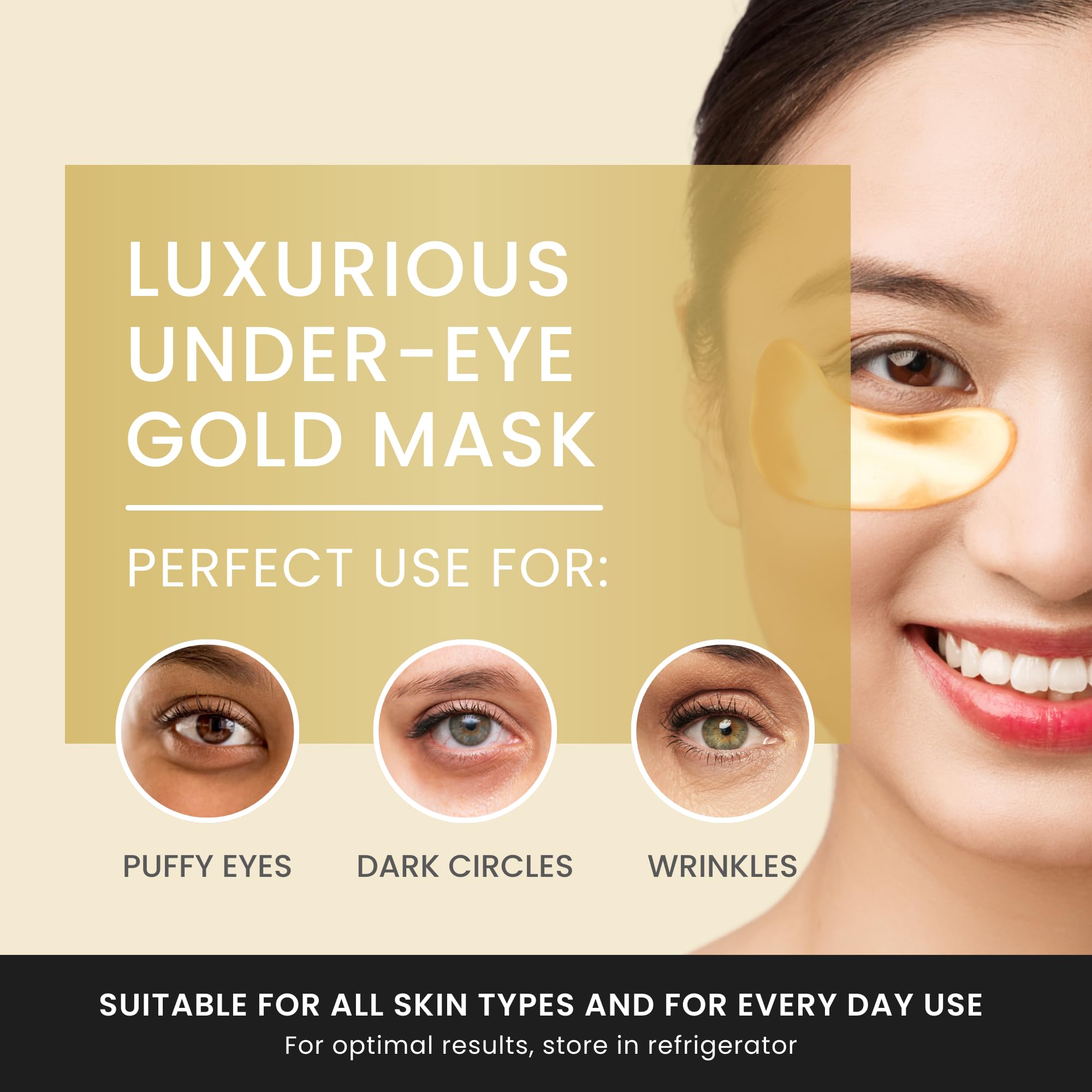 The Hollywood Eye 24K Gold Under Eye Patches closeup shows collagen-infused pads for hydration and resilience.