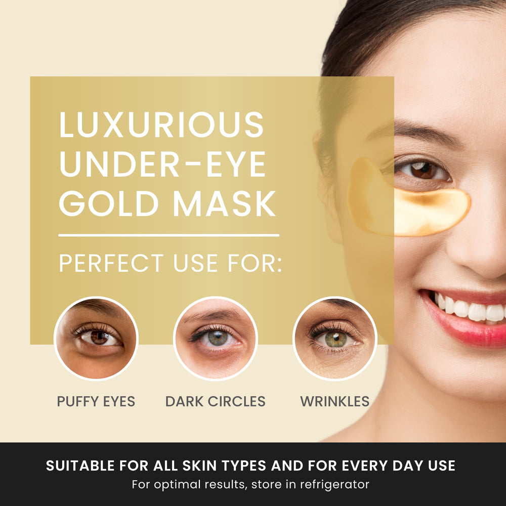 The Hollywood Eye 24K Gold Under Eye Patches closeup shows collagen-infused pads for hydration and resilience.