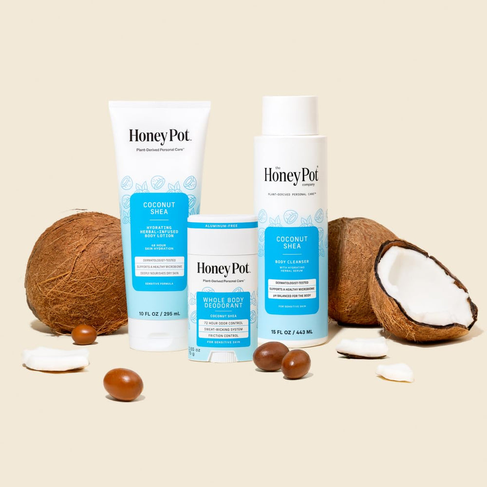 The Honey Pot Coconut Shea packaging close-up emphasizing a gentle, sensitive-skin formula.