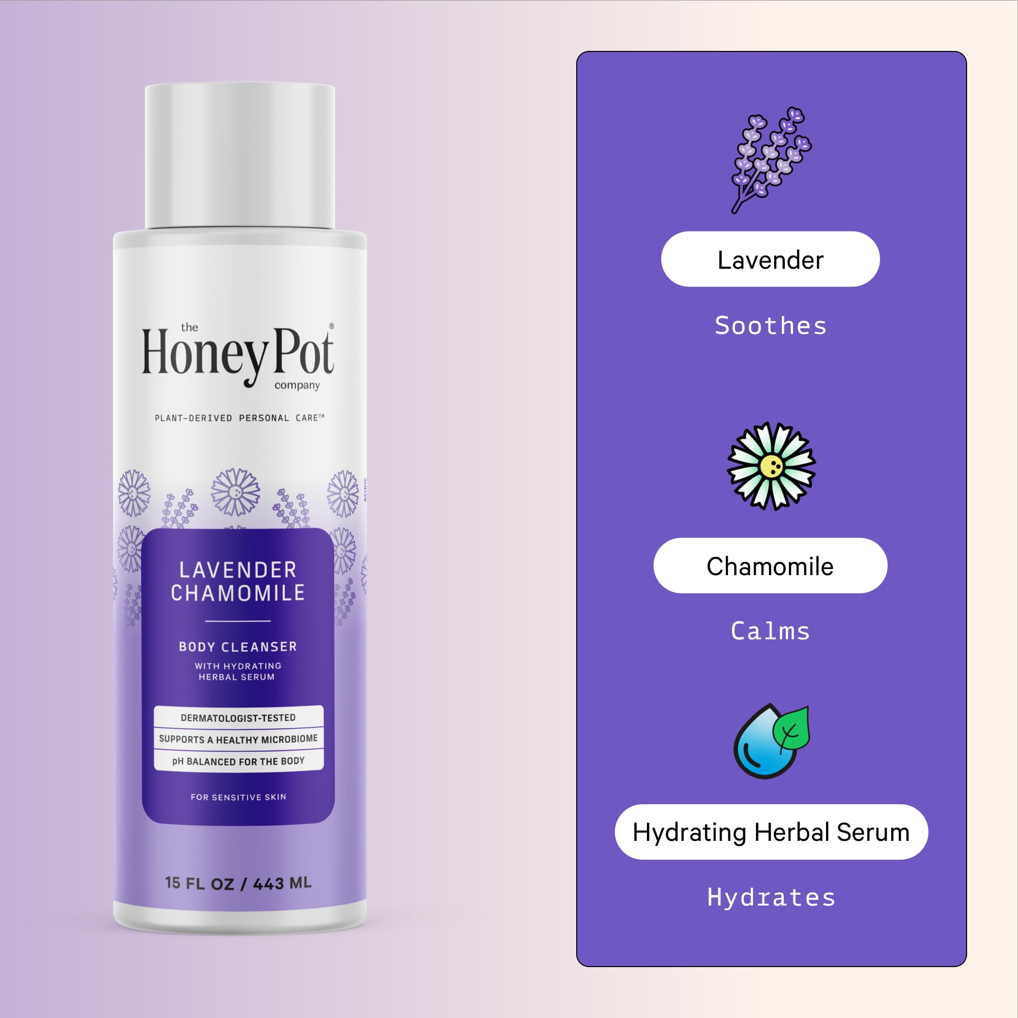 Close up shows creamy lather from The Honey Pot Lavender Chamomile body wash.