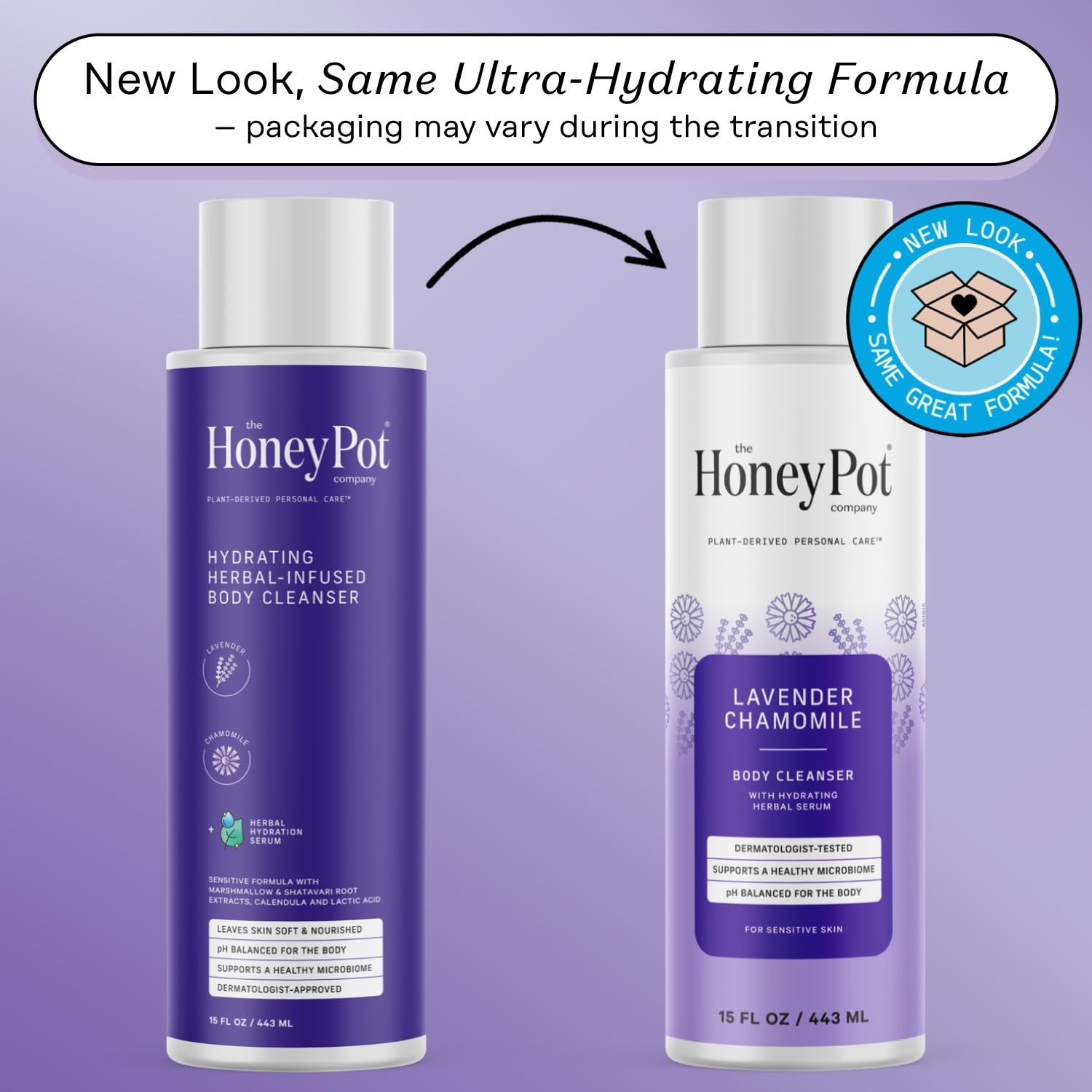The Honey Pot Lavender Chamomile body wash pours to illustrate gentle dispensing.