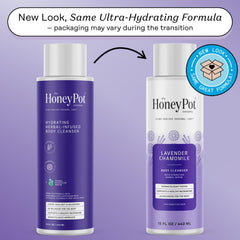 The Honey Pot Lavender Chamomile body wash pours to illustrate gentle dispensing.