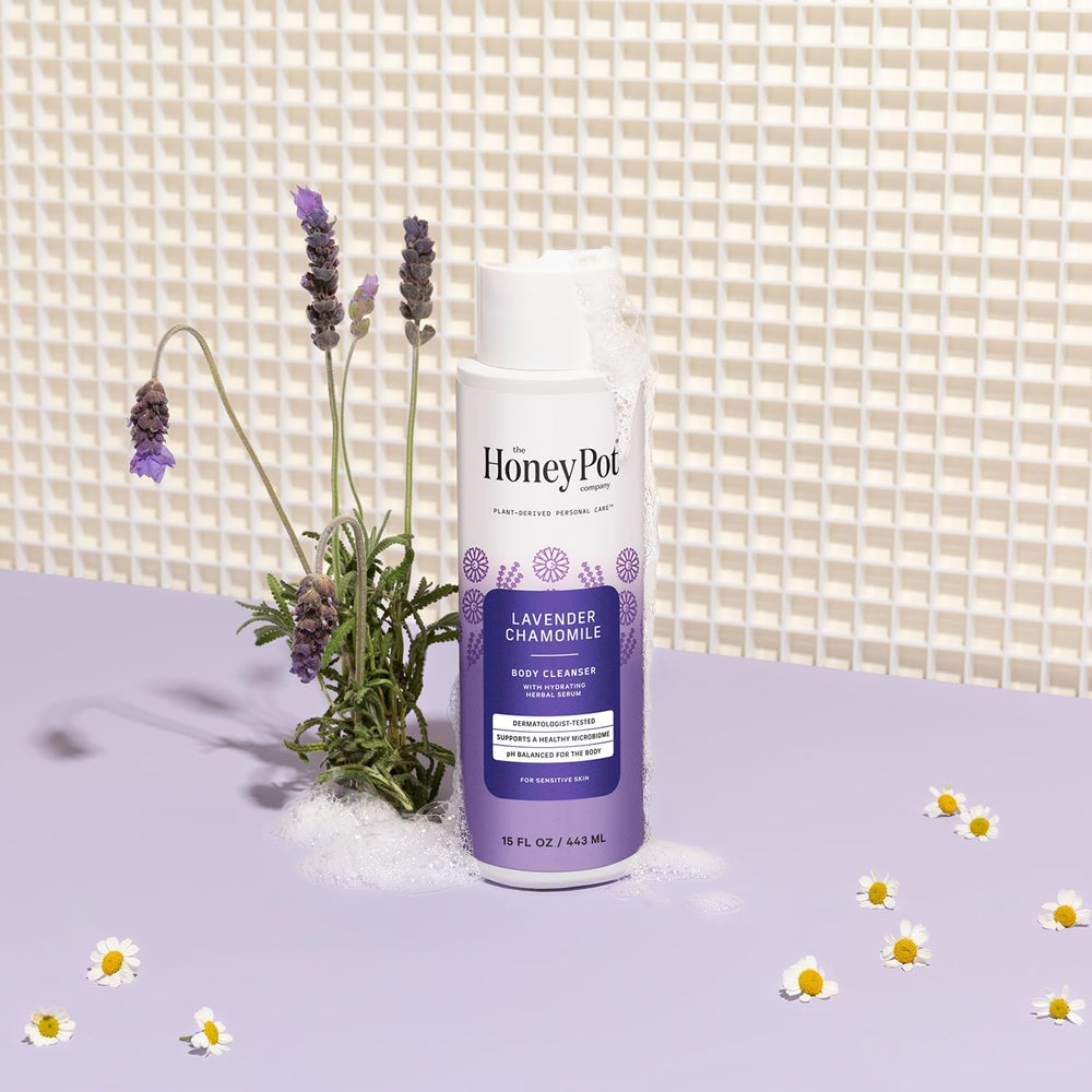The Honey Pot bottle in a steam-filled shower evokes calming lavender aroma.