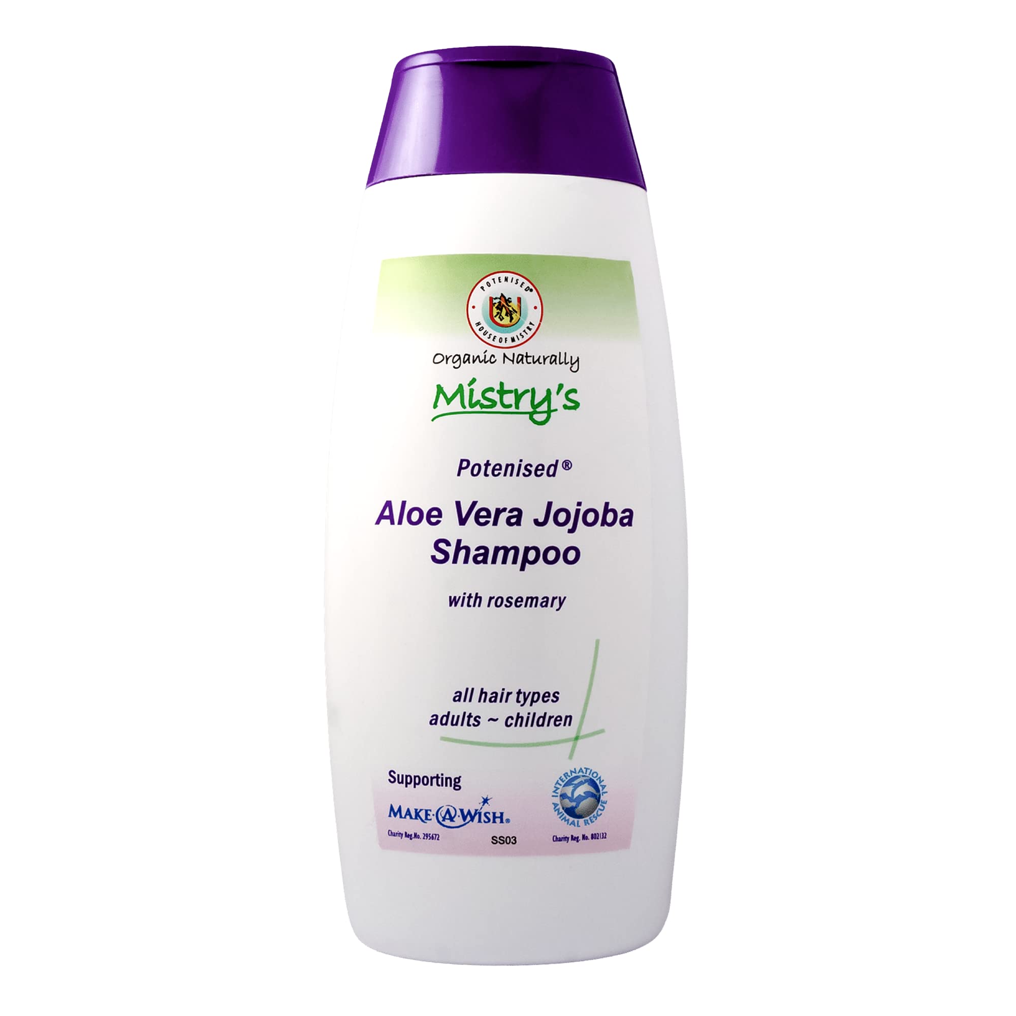 The House of Mistry mistrys organic aloe vera shampoo bottle on a bathroom shelf for daily care.