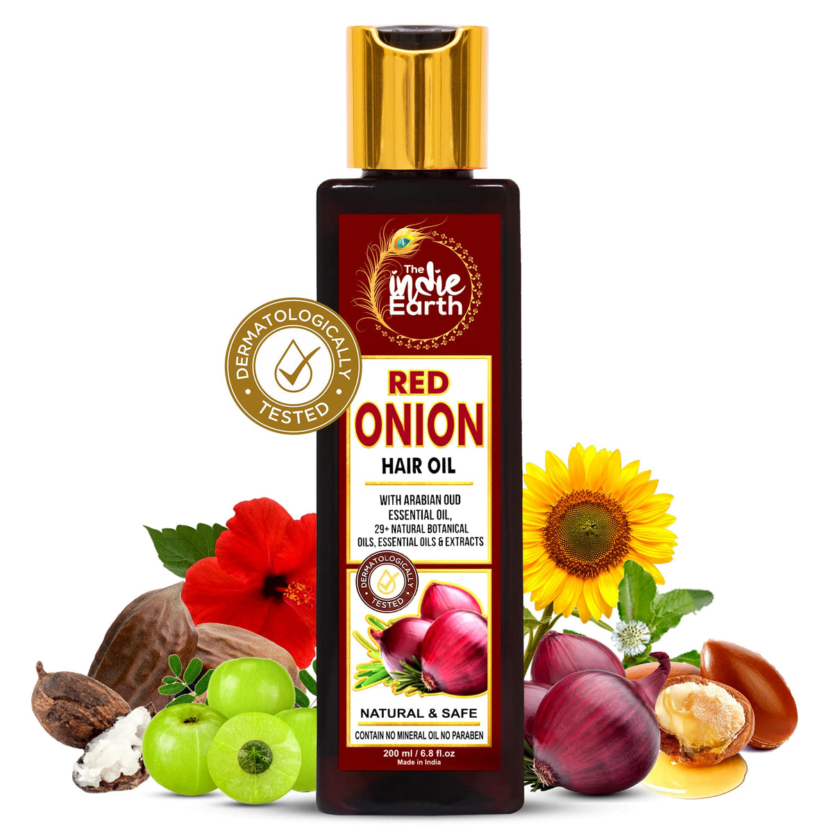 The Indie Earth Red Onion Hair Growth Oil bottle with label promotes scalp nourishment.
