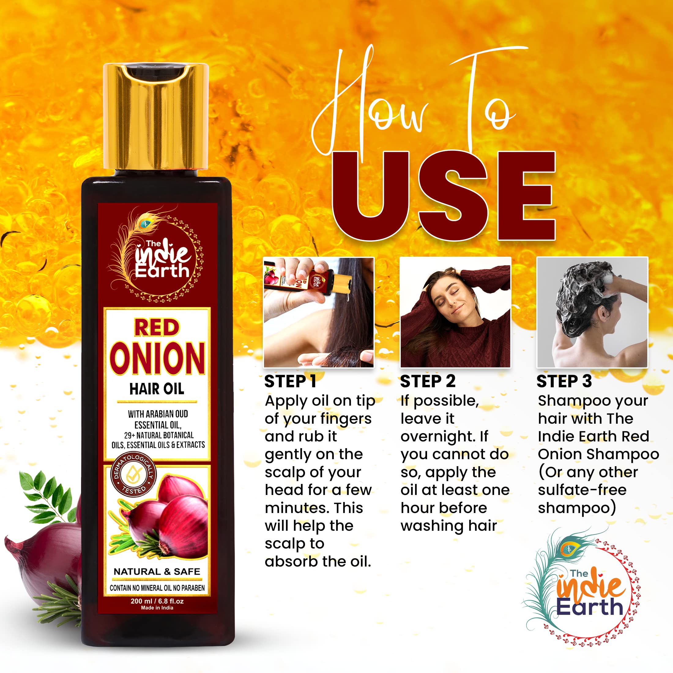 The Indie Earth Red Onion Oil on hair strands supports stronger, shinier locks.