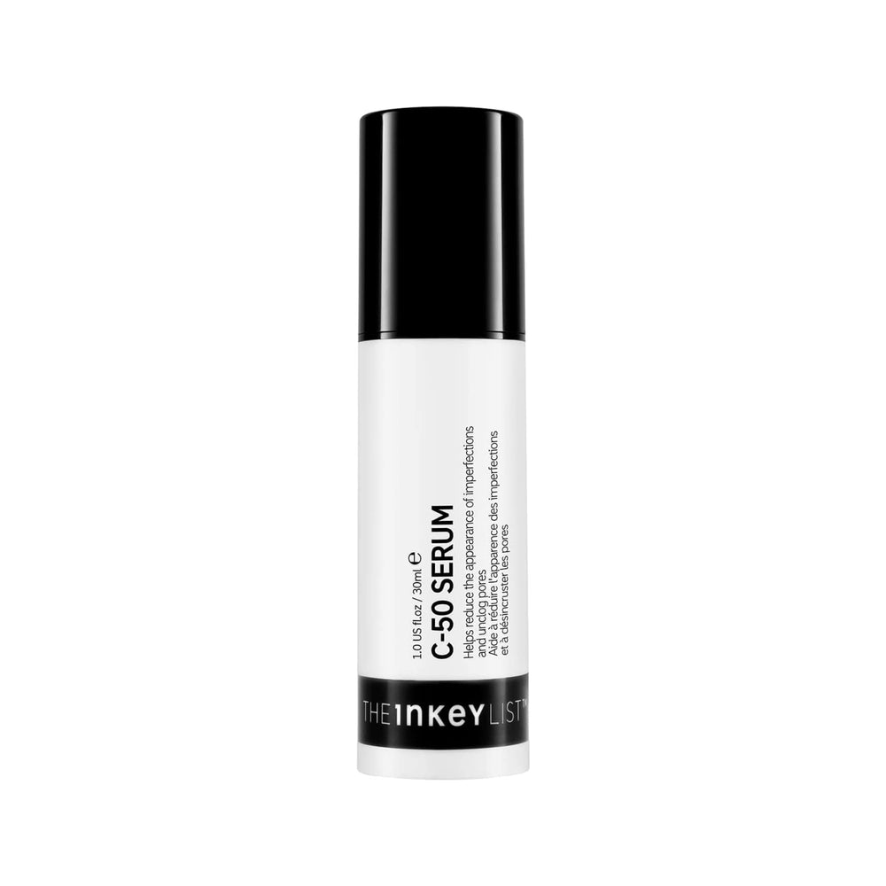 The INKEY List C-50 serum bottle closeup showing fragrance-free pore care for oily skin