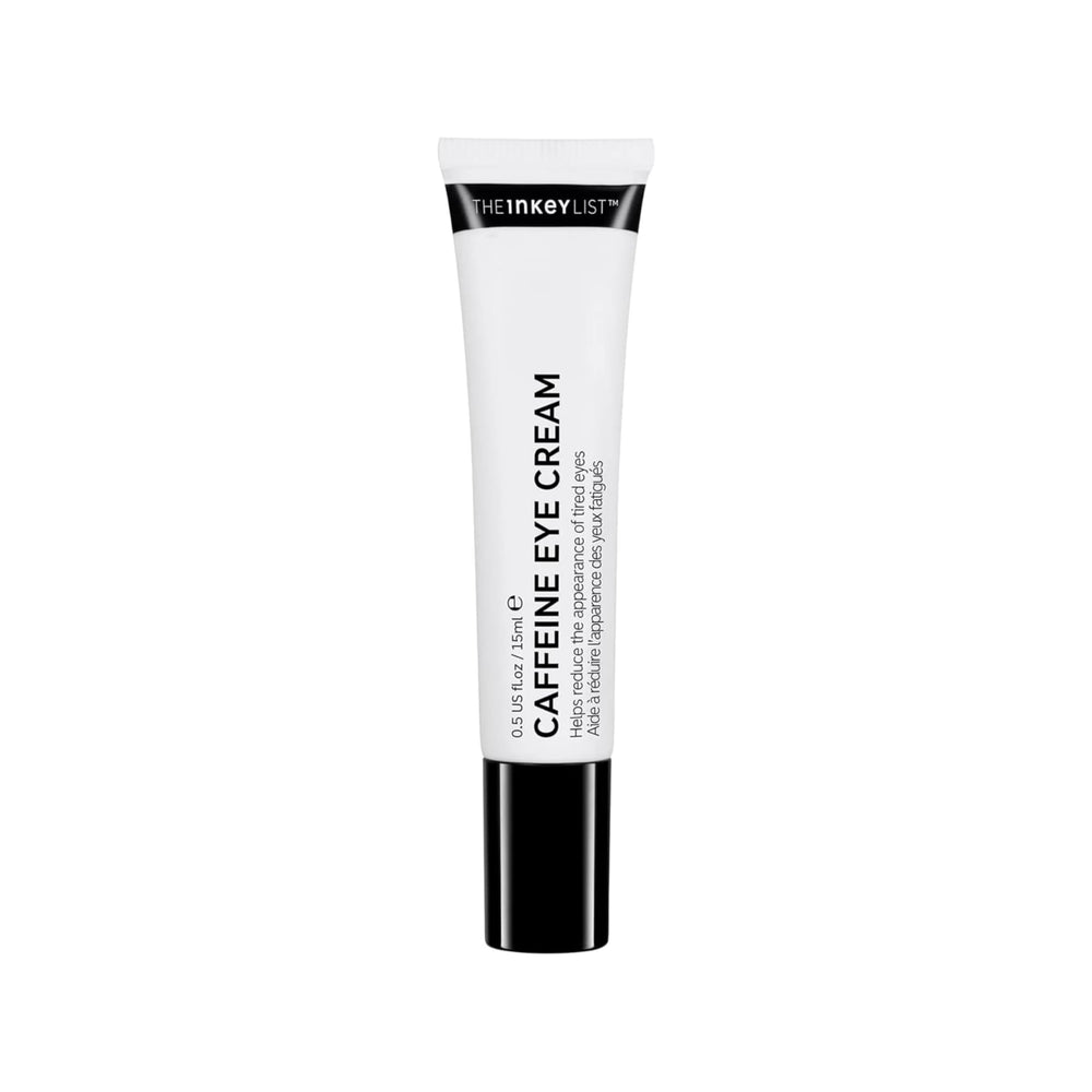 The INKEY List Caffeine Eye Cream tube close-up shows lightweight hydration