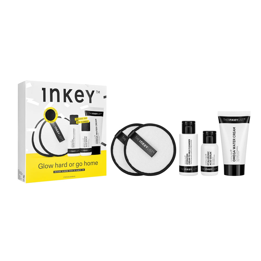 The INKEY List Glow Hard or Go Home gift set box with hydration trio for glowing skin.