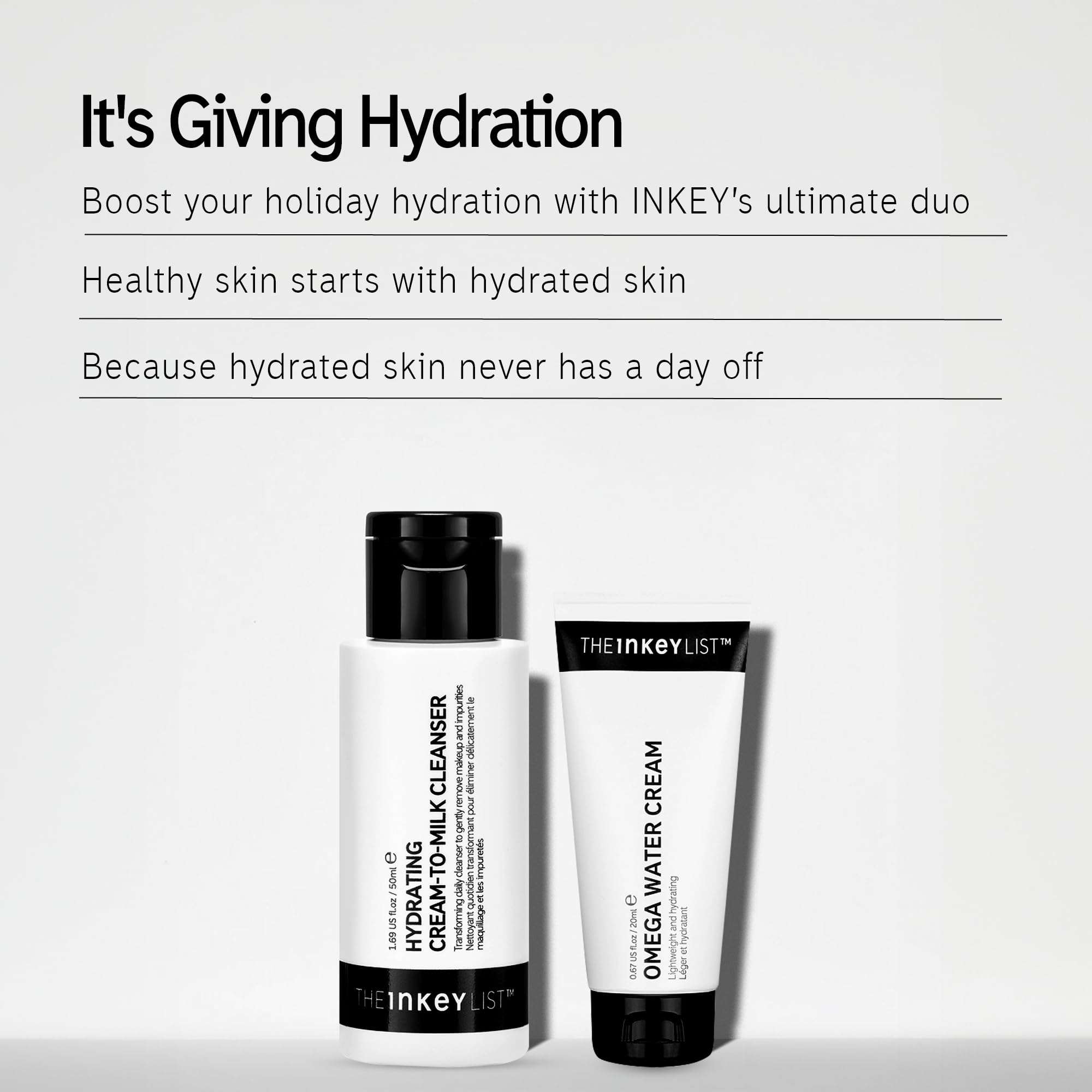 The INKEY List Hydrating Cream-to-Milk Cleanser bottle shows gentle cleansing with lasting moisture.