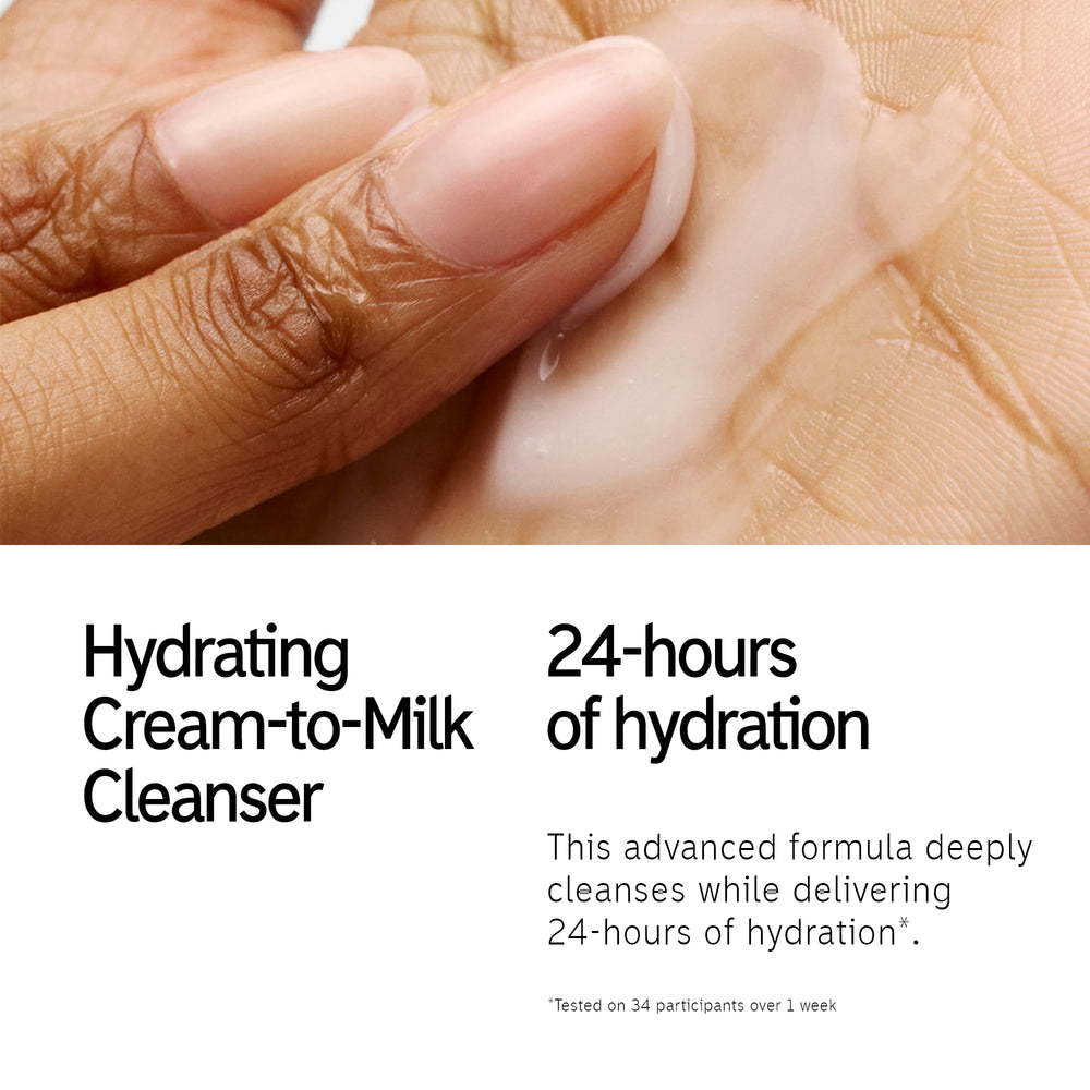 The INKEY List Hydrating Cream-to-Milk Cleanser texture close-up reveals creamy-to-milk formula.