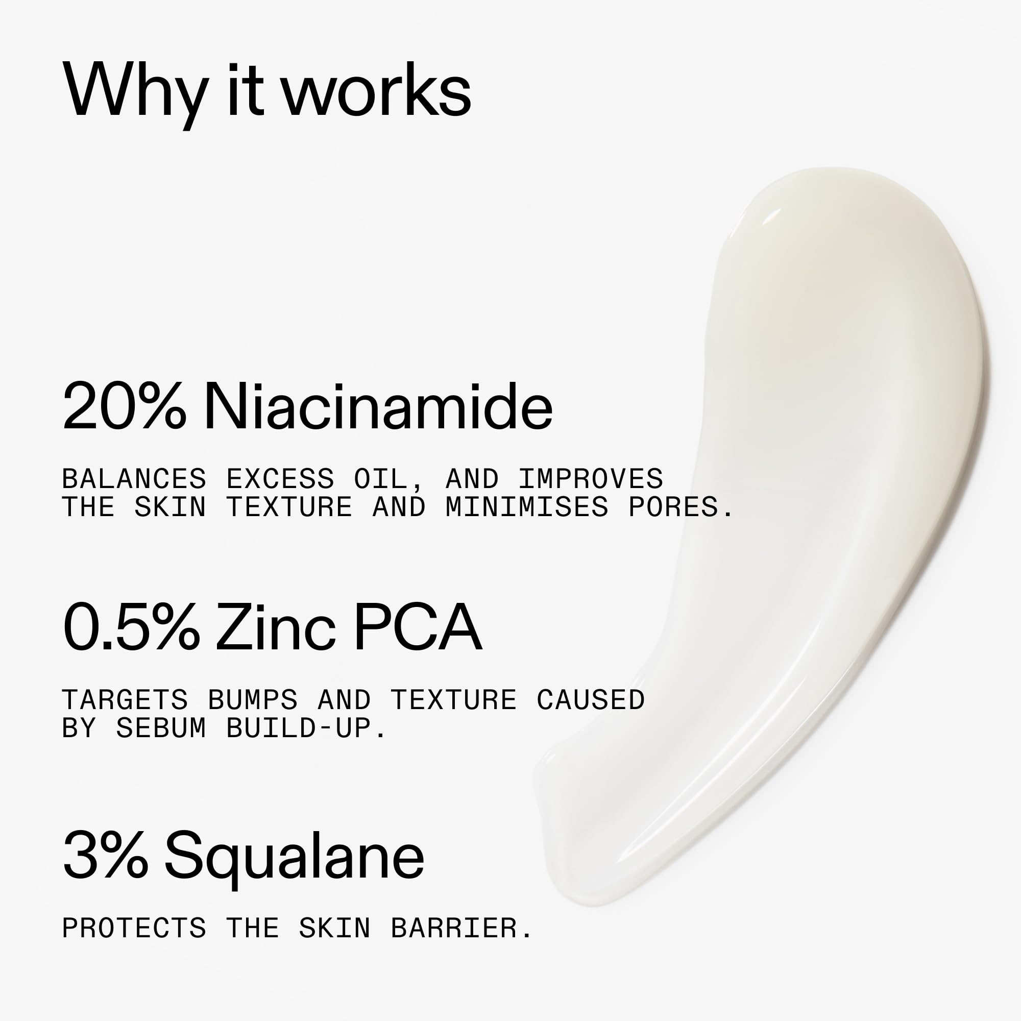 Close-up of ingredients highlighting 20% Niacinamide concentration