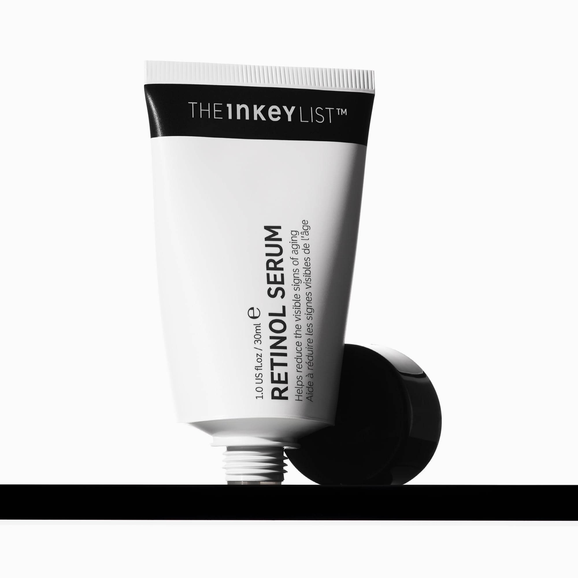 The INKEY List Retinol Serum bottle close-up highlights a gentle anti-ageing formula for smoother skin
