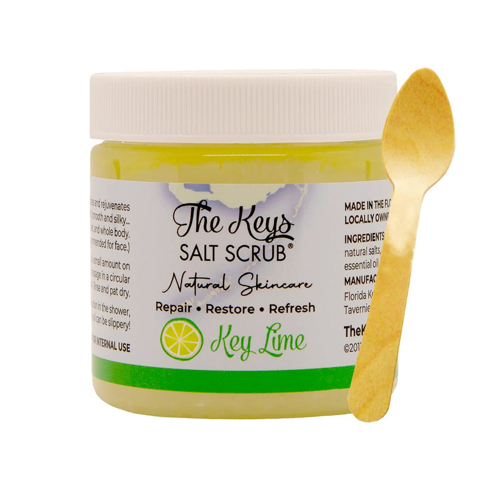The Keys Salt Scrub with wooden spoon supports easy hand and foot exfoliation.