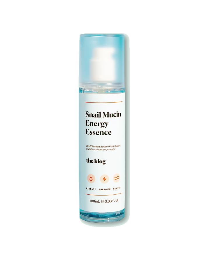 The Klog Snail Mucin Energy Essence bottle delivers quick hydration for dry skin.