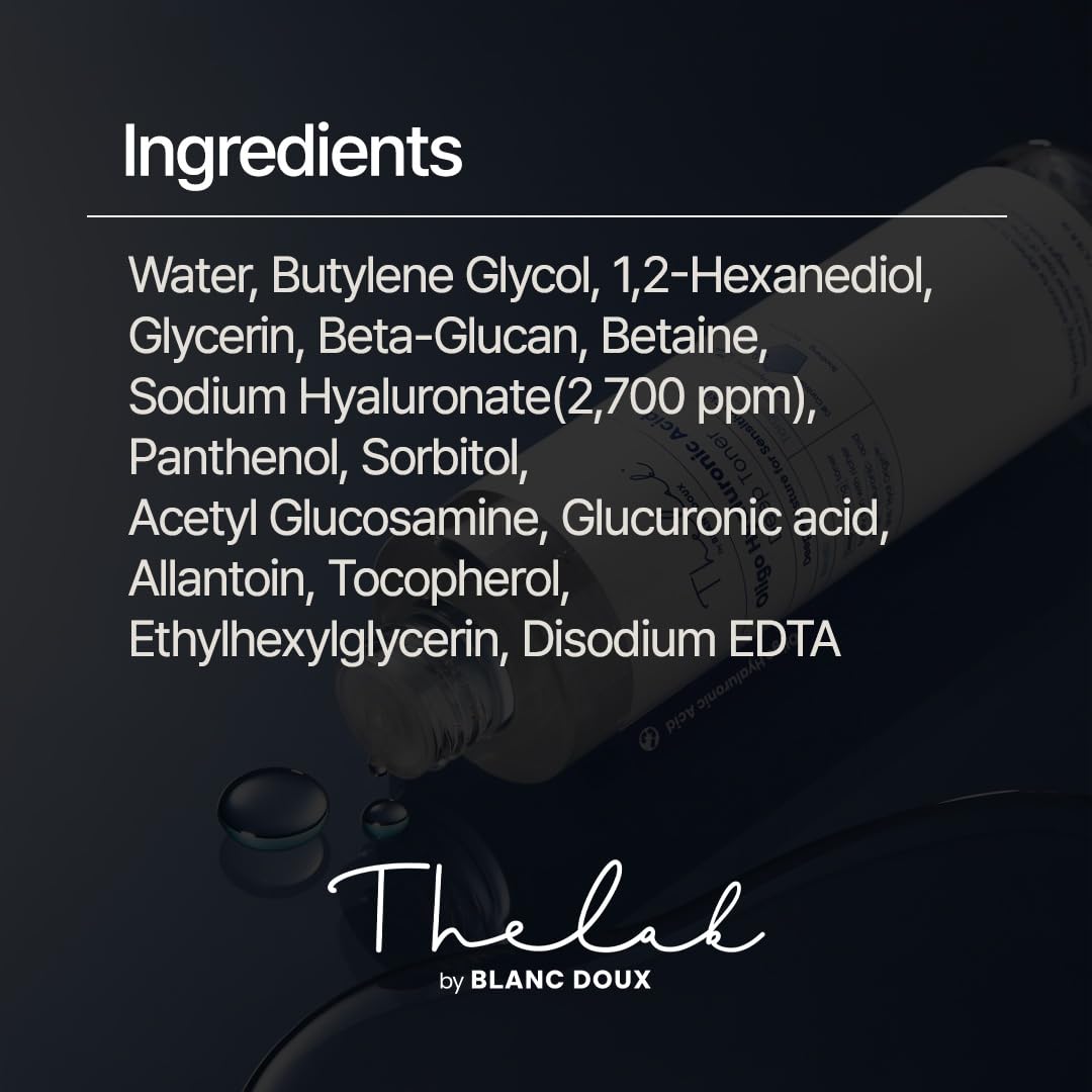 THE LAB BY BLANC DOUX Oligo Hyaluronic Toner ingredients closeup and packaging