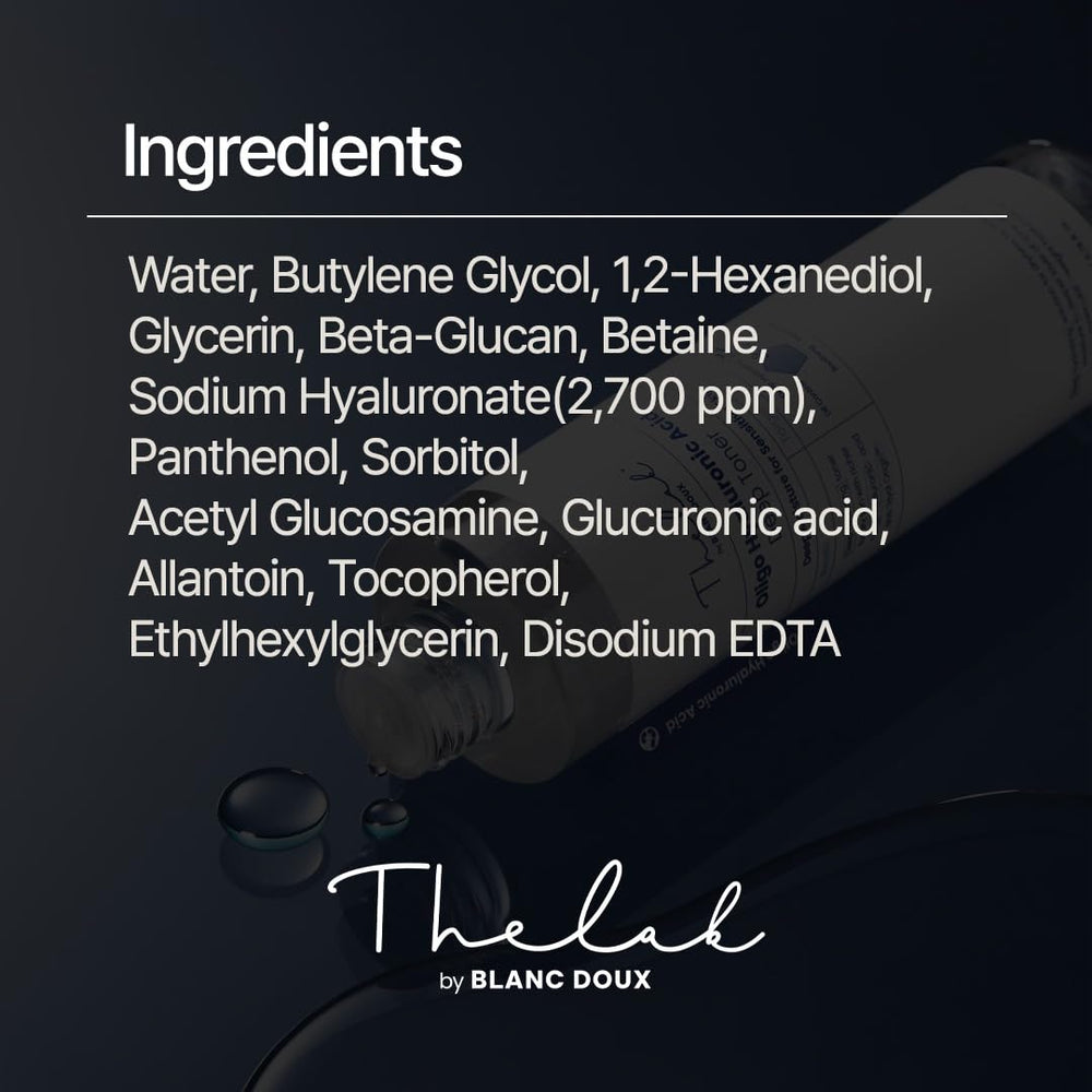 THE LAB BY BLANC DOUX Oligo Hyaluronic Toner ingredients closeup and packaging