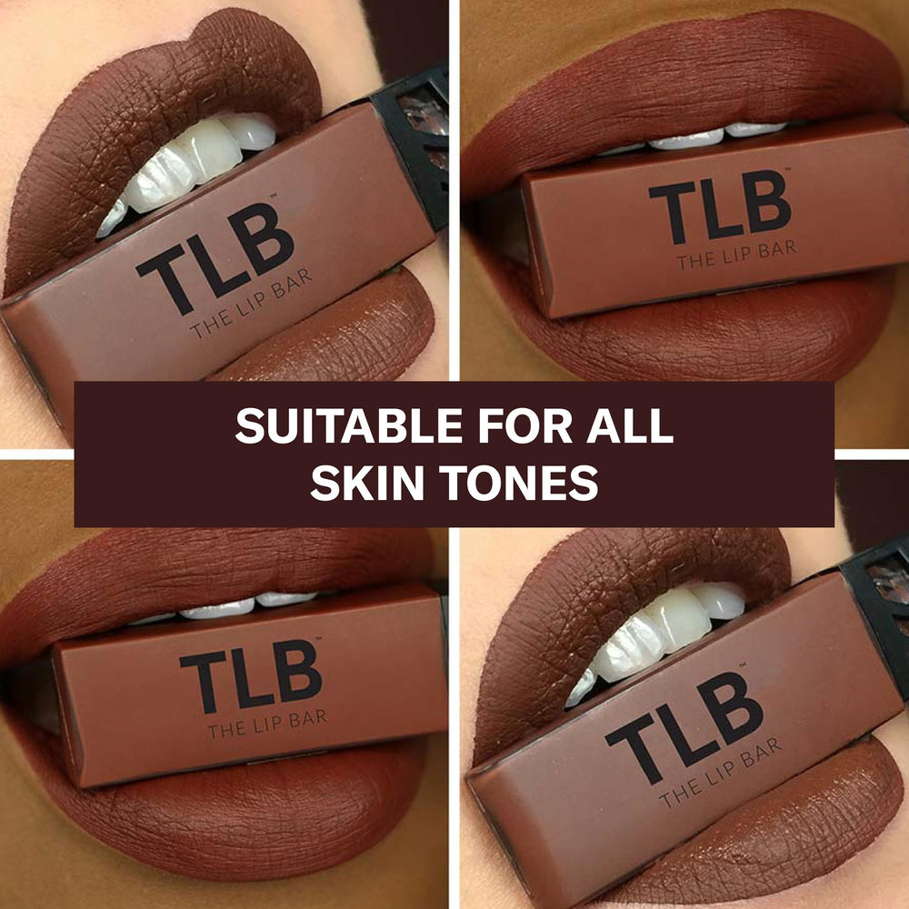 The Lip Bar Savage swatches reveal a bold chocolate red-brown tone with high pigment.