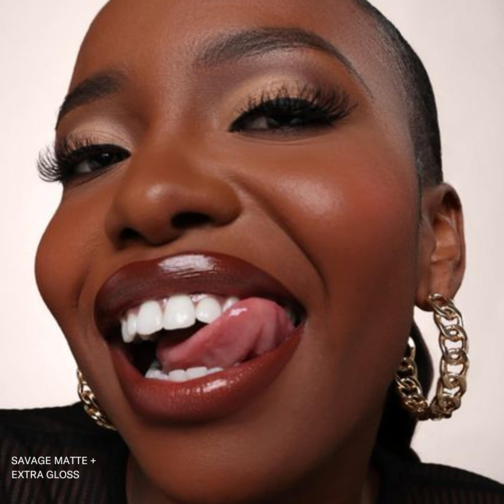 The Lip Bar Savage velvet-finish closeup showcases rich pigments.