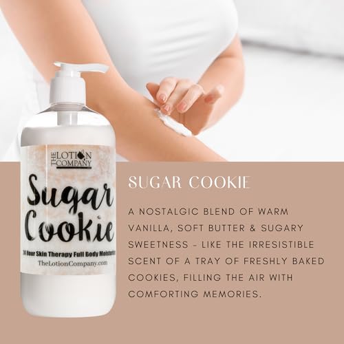 The Lotion Company Sugar Cookie lotion pump close-up highlights smooth, non-greasy absorption.
