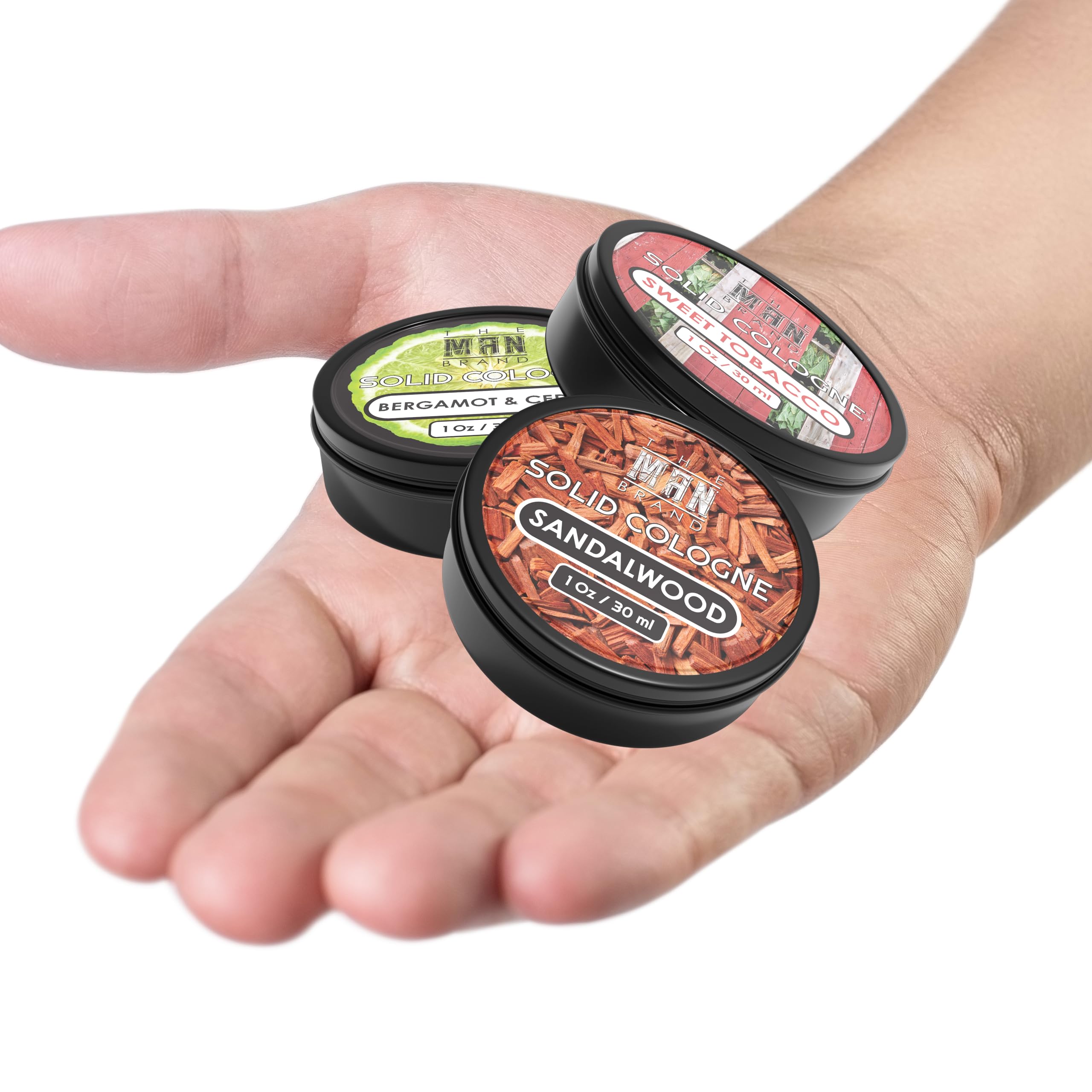 The Man Brand solid cologne sandalwood warm masculine scent