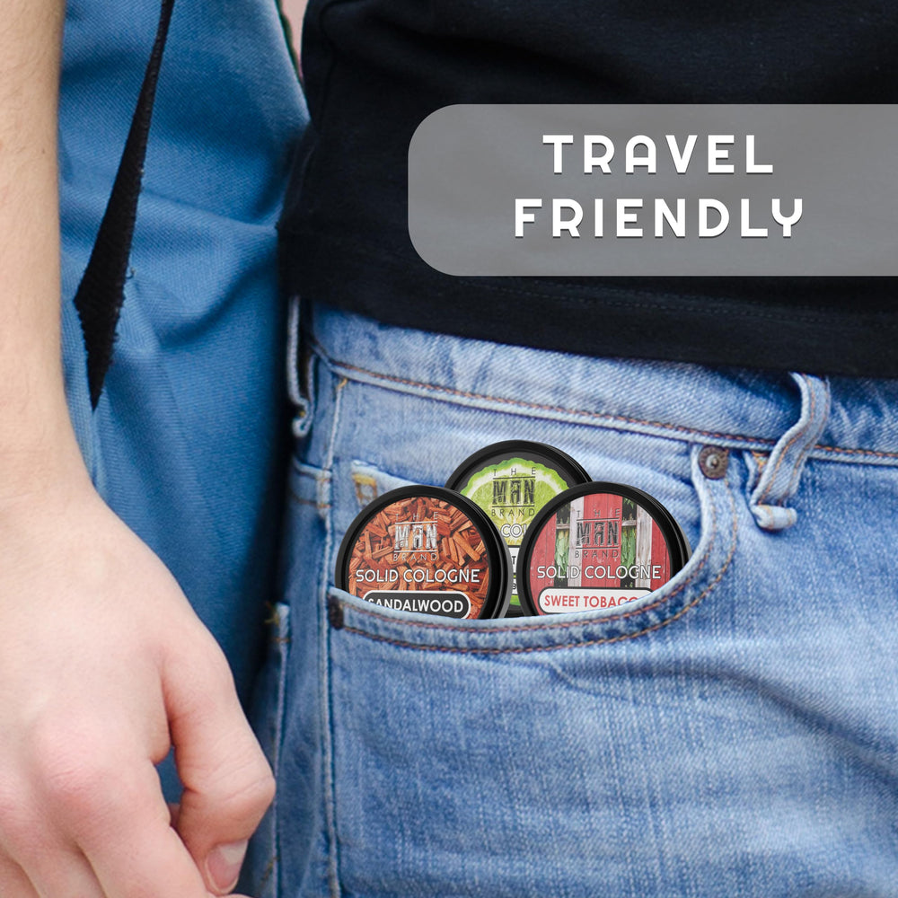 The Man Brand solid cologne travel size tin for on-the-go scent