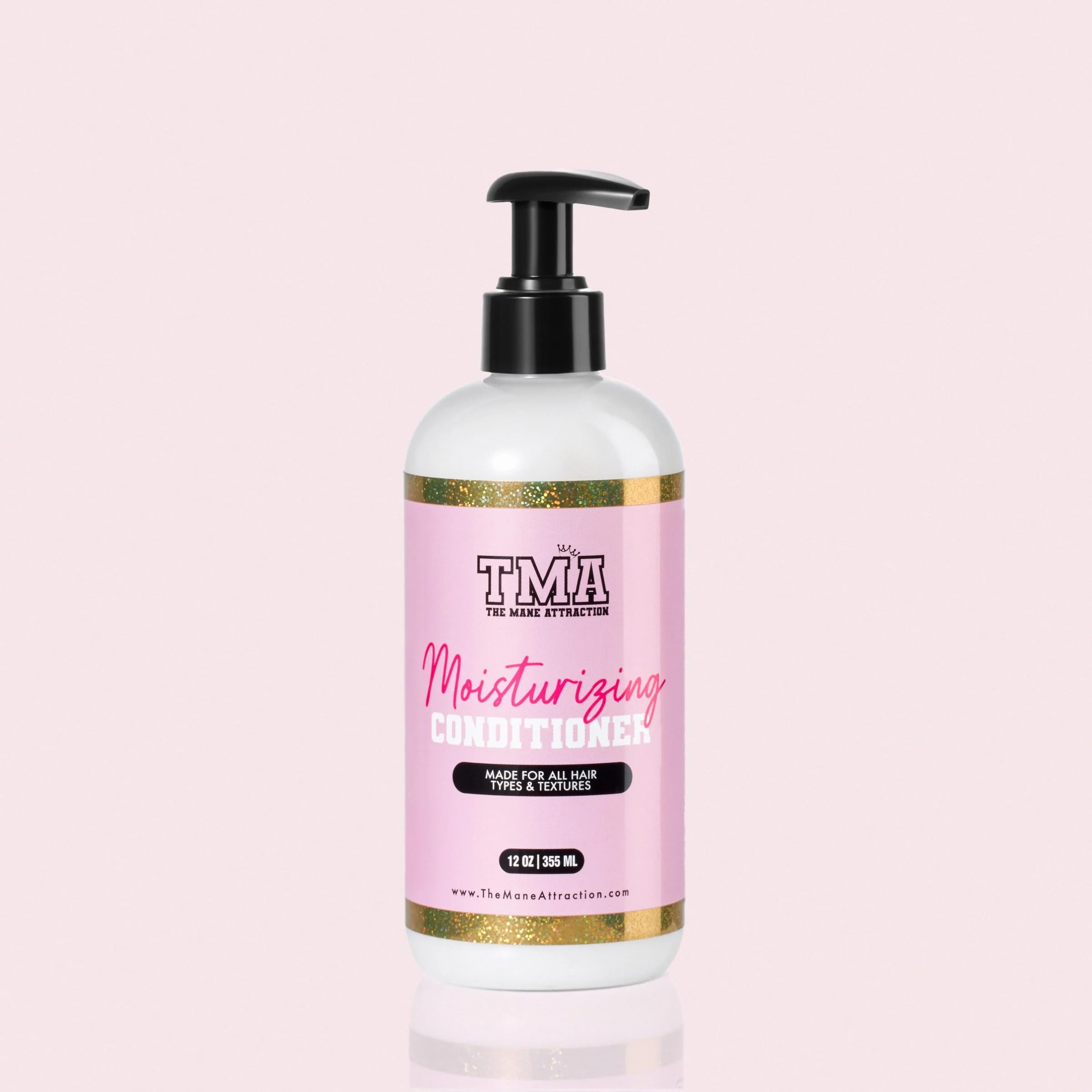 The Mane Attraction Moisturizing Conditioner packaging features a soft-hued design emphasizing hydration
