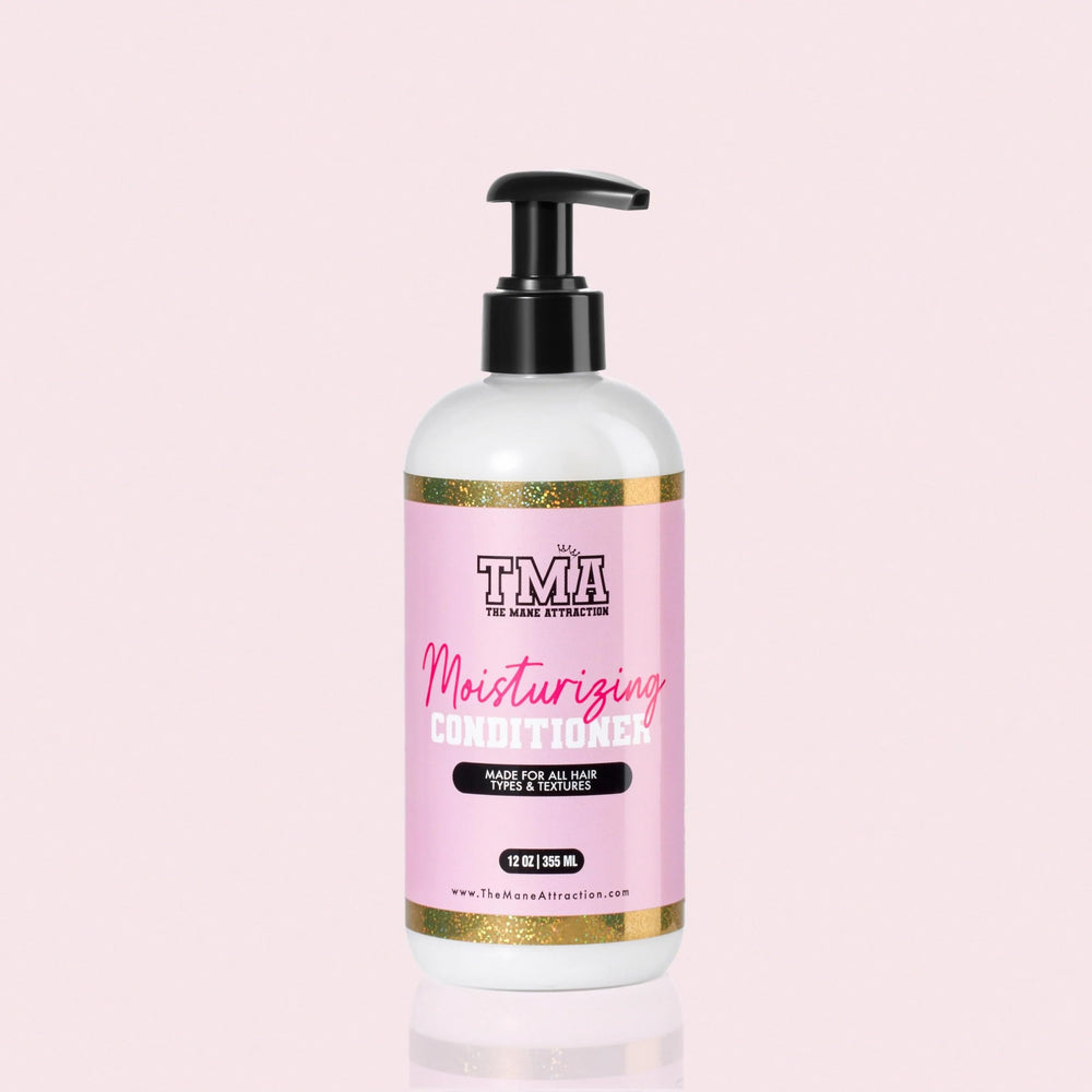 The Mane Attraction Moisturizing Conditioner packaging features a soft-hued design emphasizing hydration