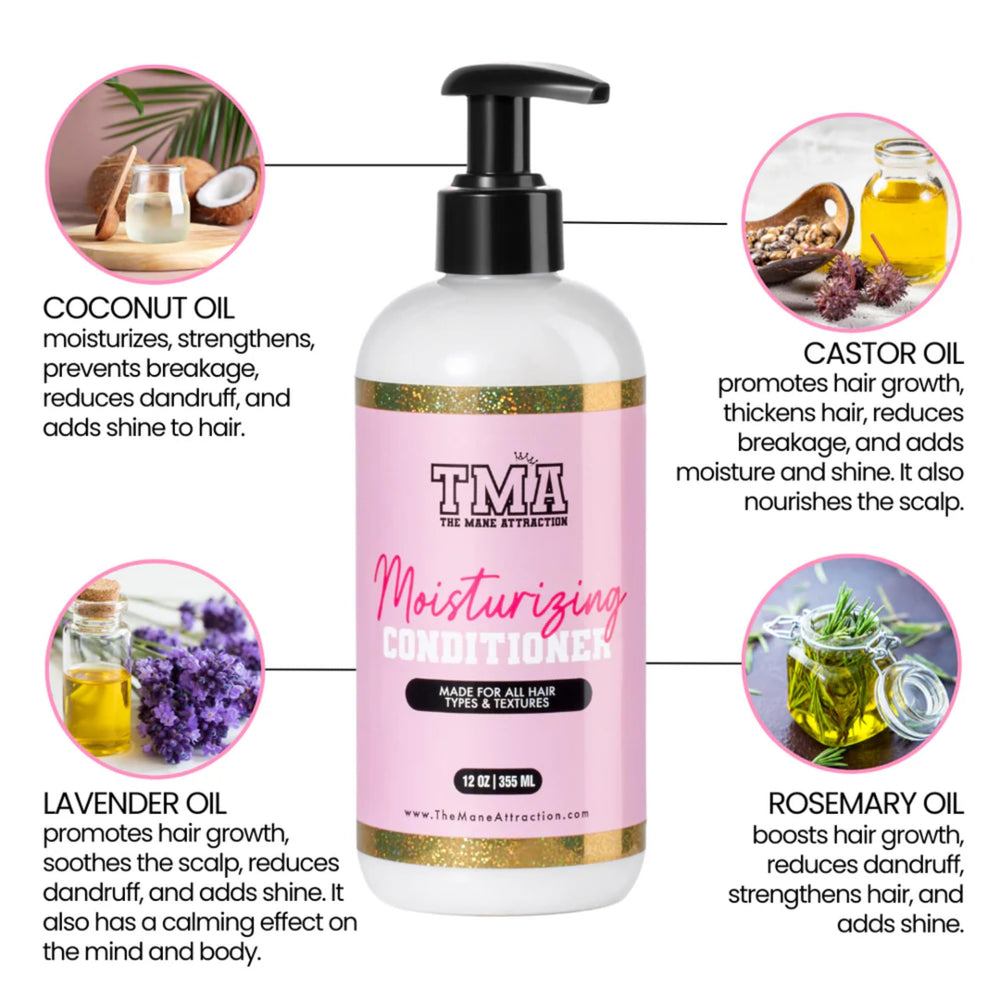 The Mane Attraction Moisturizing Conditioner pump close-up shows rich texture for manageable curls