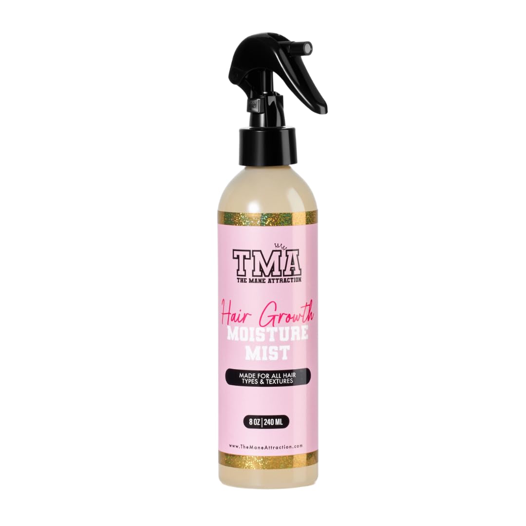 The Mane Attraction Nourishing Daily Hair Growth Moisture Mist bottle pour for easy scalp application.