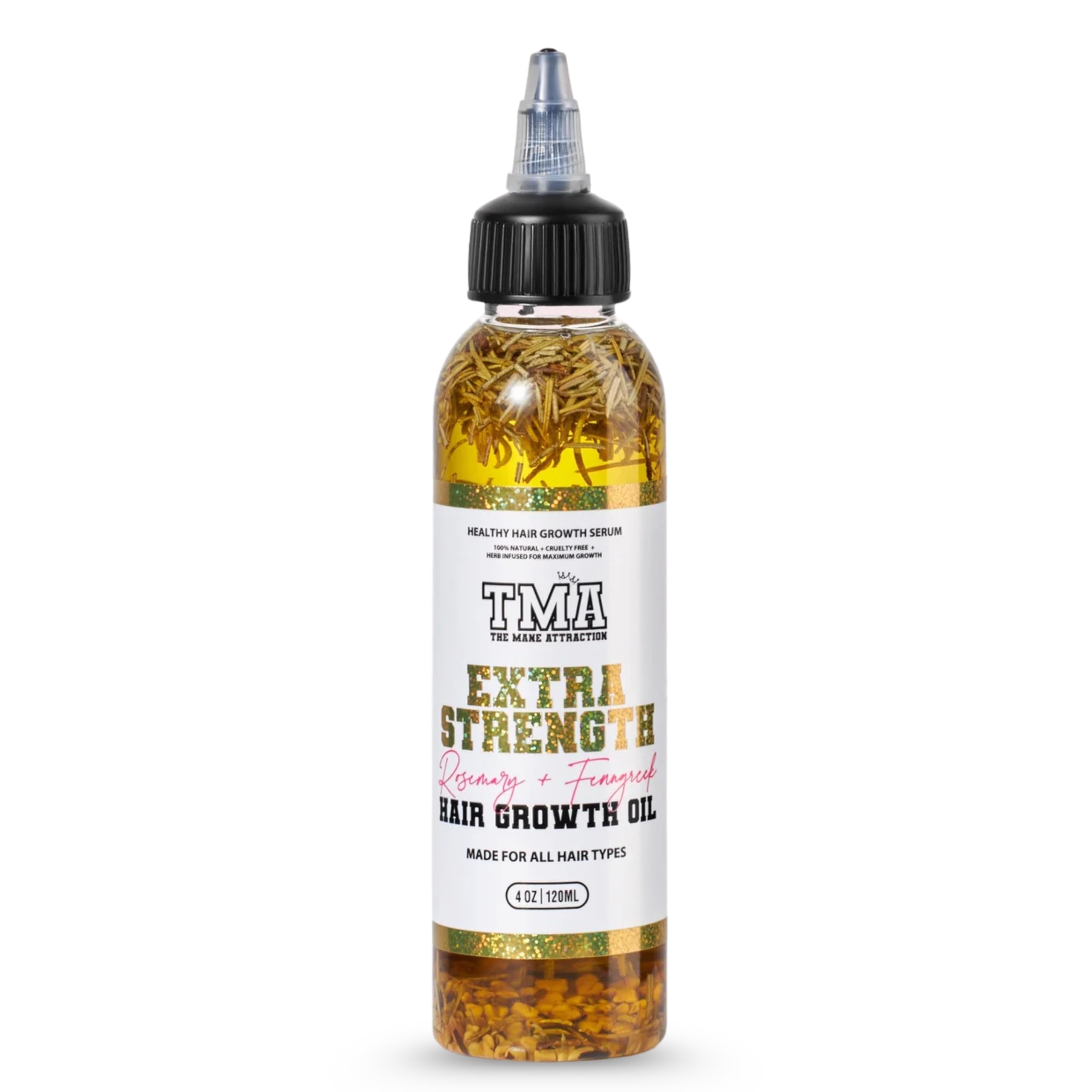 The Mane Attraction Rosemary Fenugreek Oil bottle supports scalp nourishment.