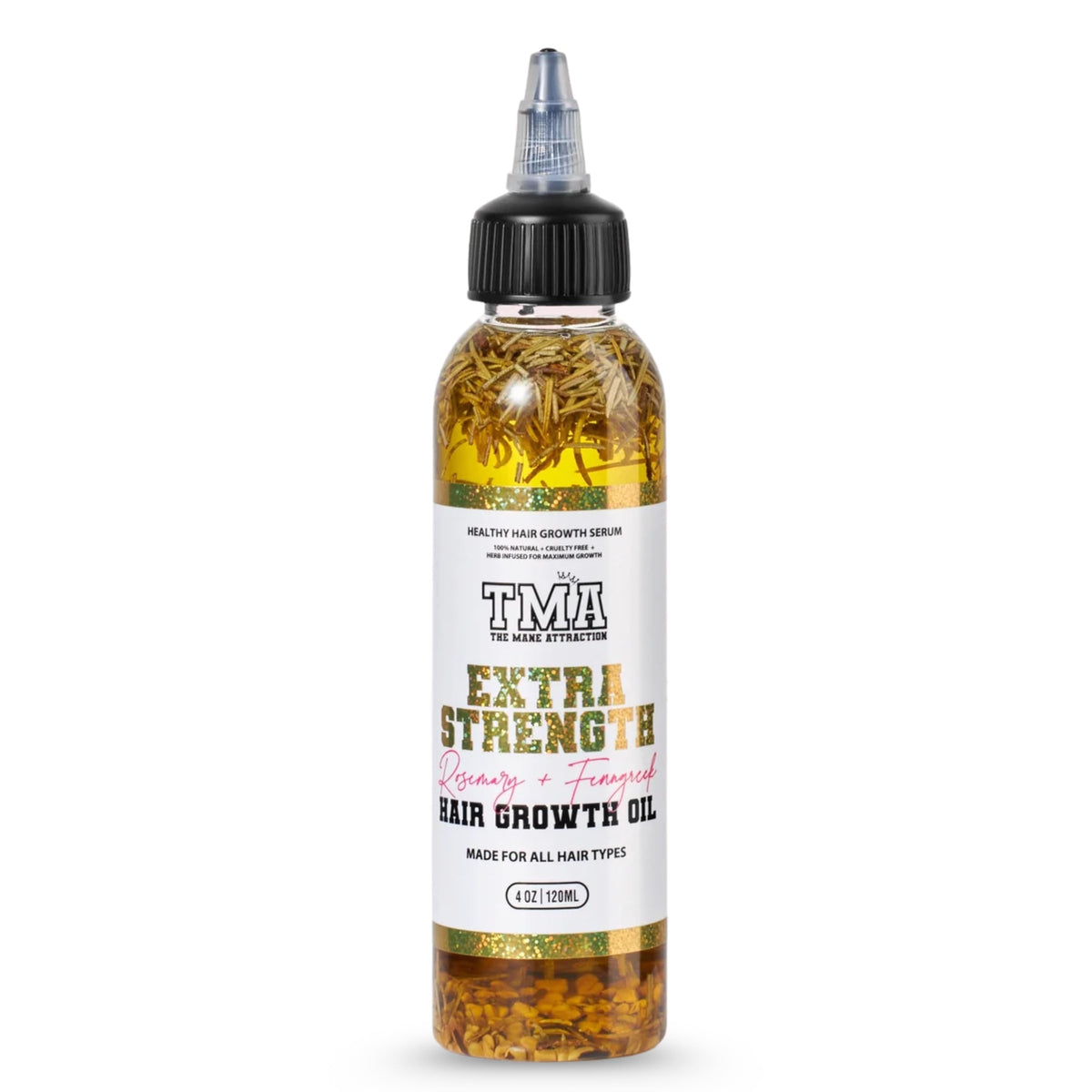 The Mane Attraction Rosemary Fenugreek Oil bottle supports scalp nourishment.