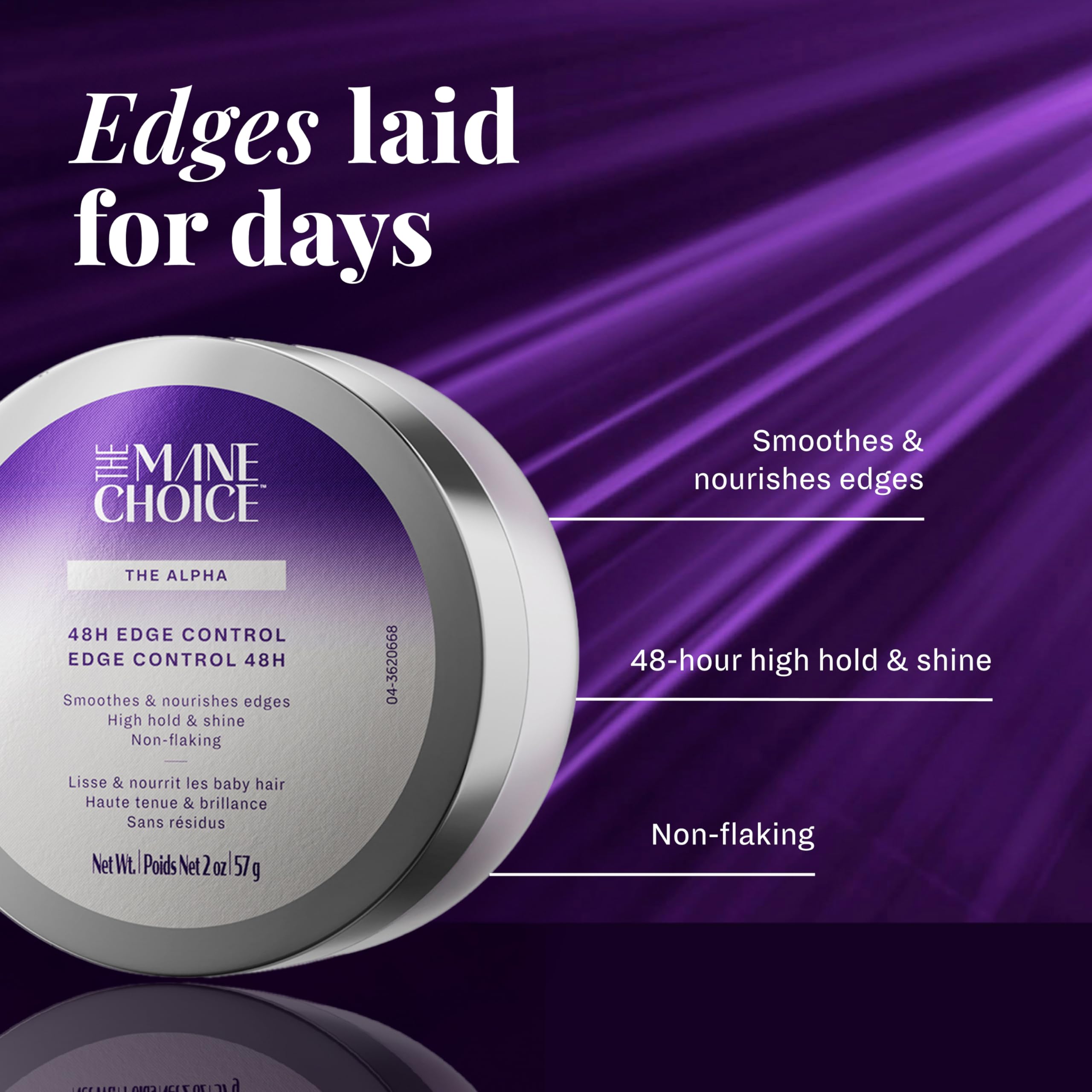 The Mane Choice Alpha 48H Edge Control jar closeup showing nourishing shine
