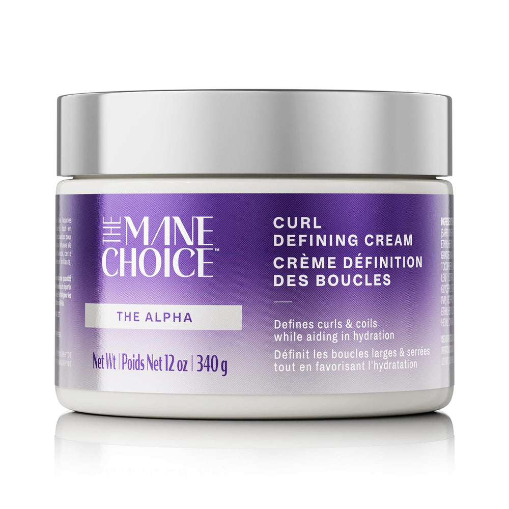 The Mane Choice Alpha Curly Cream bottle close-up showing curl definition.