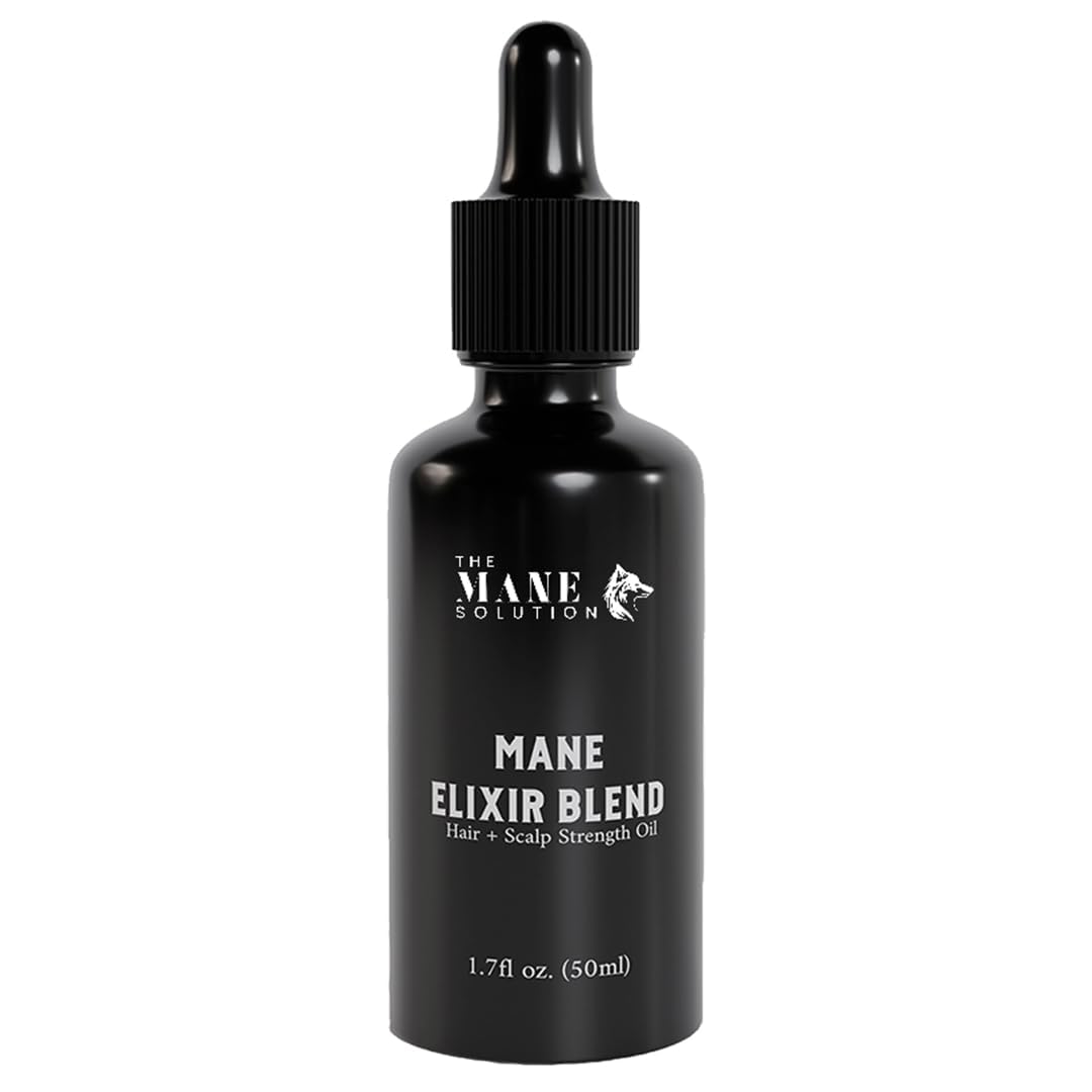 The Mane Solution The Mane Elixir Blend bottle on a clean surface for scalp nourishment