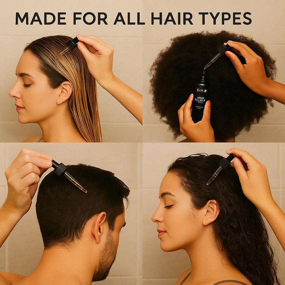 Close-up ingredients of The Mane Elixir Blend emphasizing natural extracts
