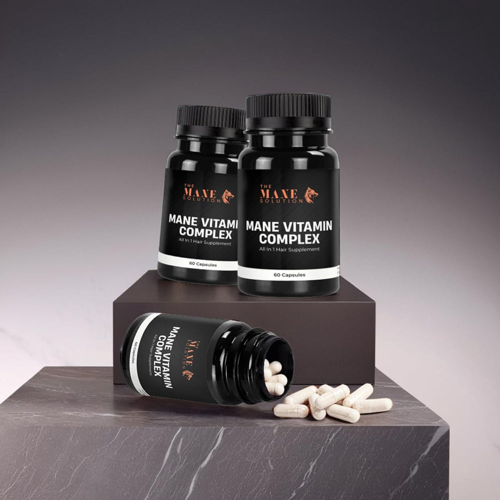 Daily-use setup with The Mane Solution Vitamin Complex supports routine hair nourishment.