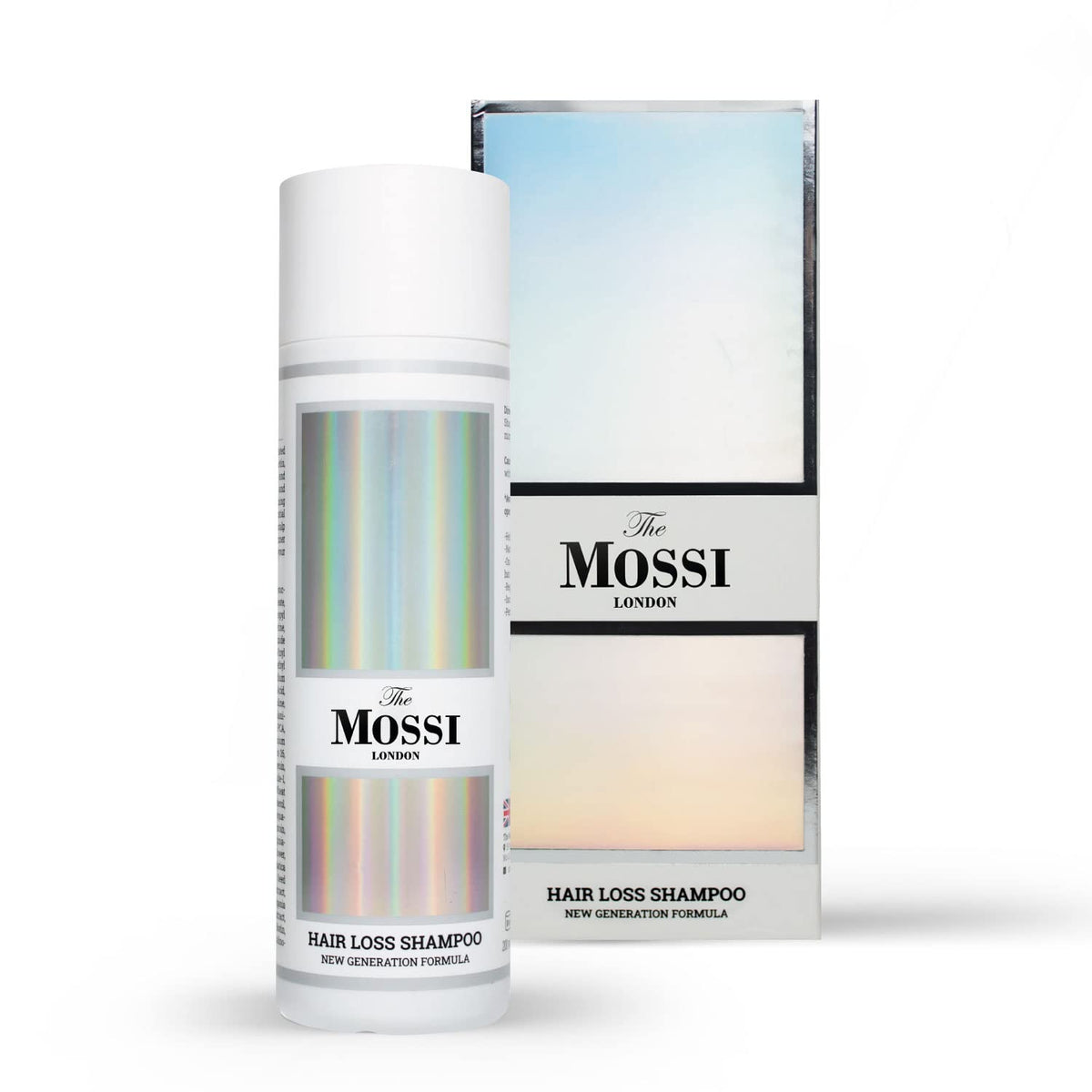 The Mossi London shampoo bottle front view highlighting premium formula for thinning hair