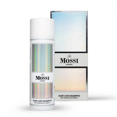 The Mossi London shampoo bottle front view highlighting premium formula for thinning hair