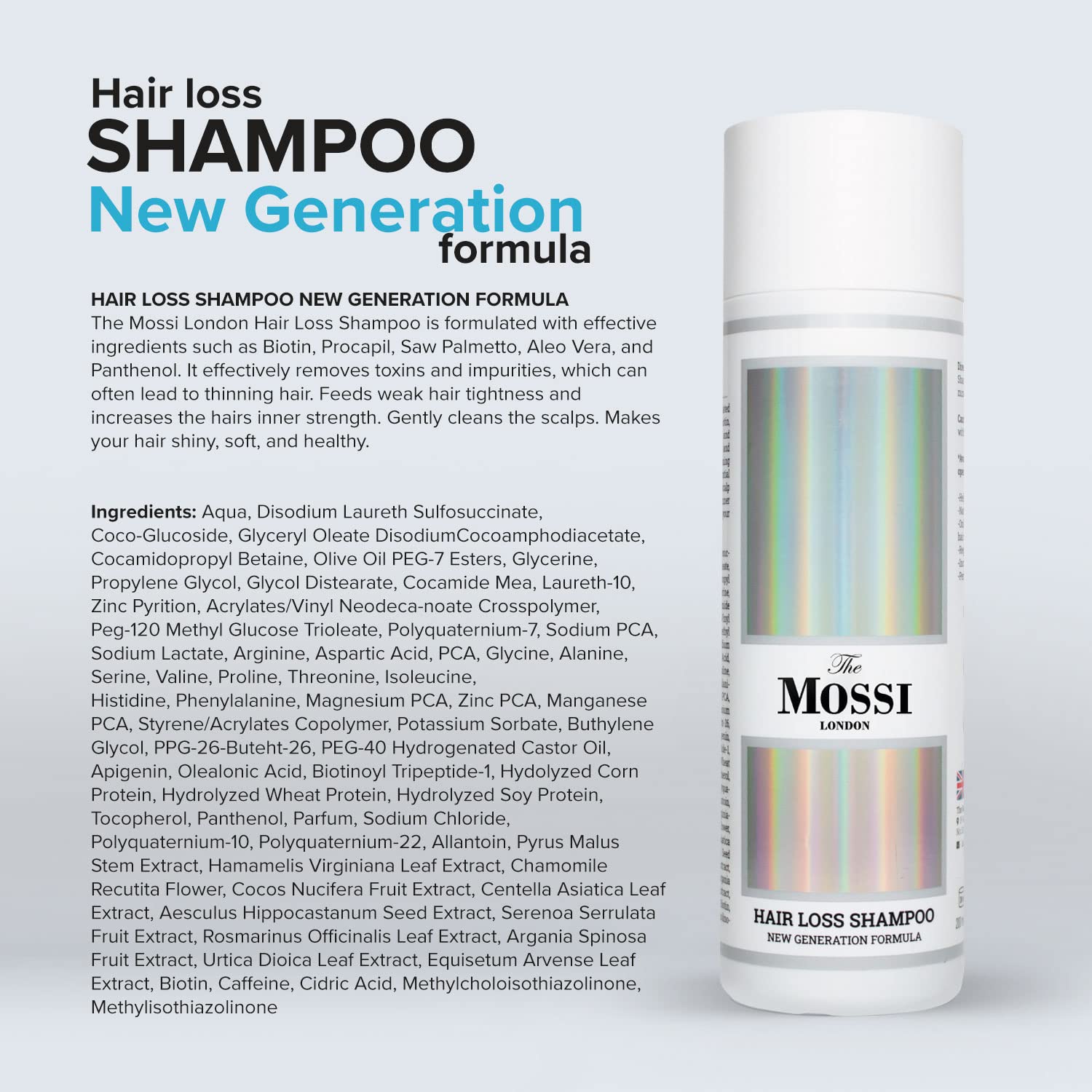 The Mossi London shampoo label close-up emphasizing key ingredients for scalp care