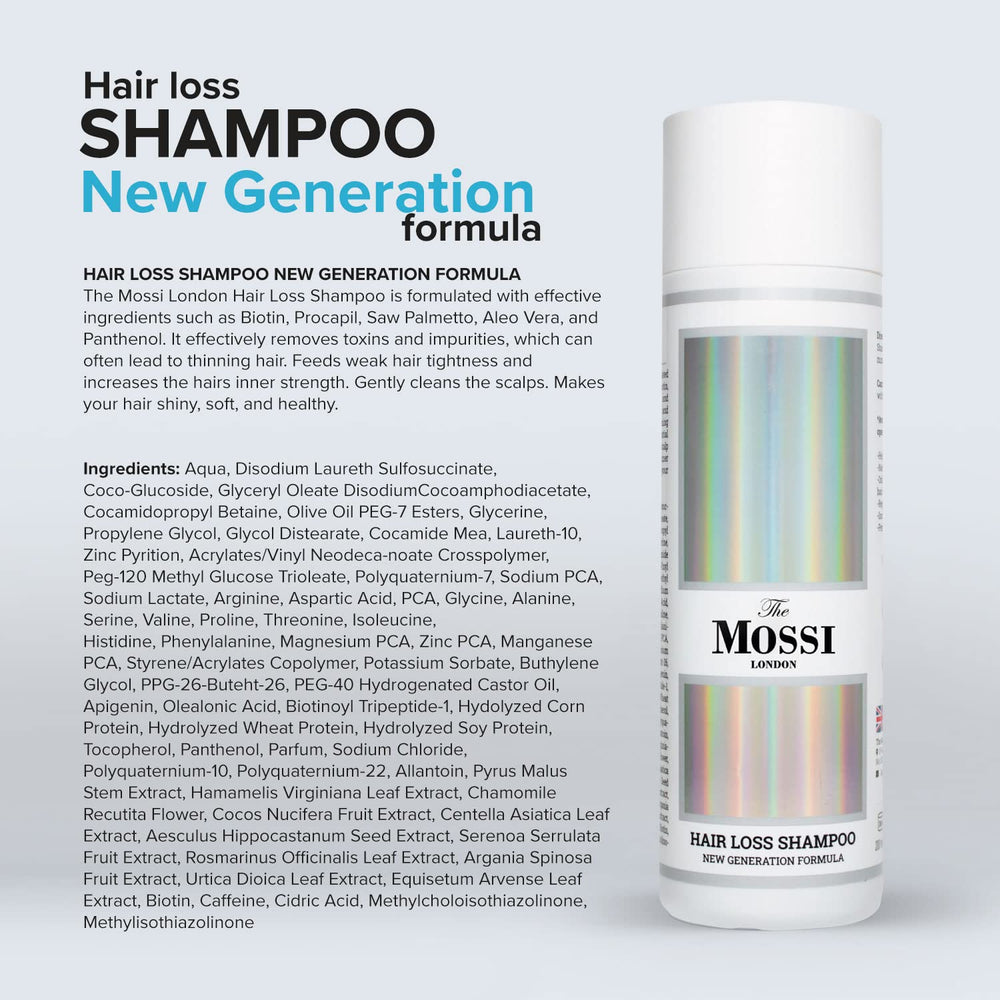 The Mossi London shampoo label close-up emphasizing key ingredients for scalp care