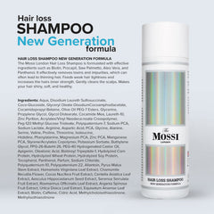 The Mossi London shampoo label close-up emphasizing key ingredients for scalp care