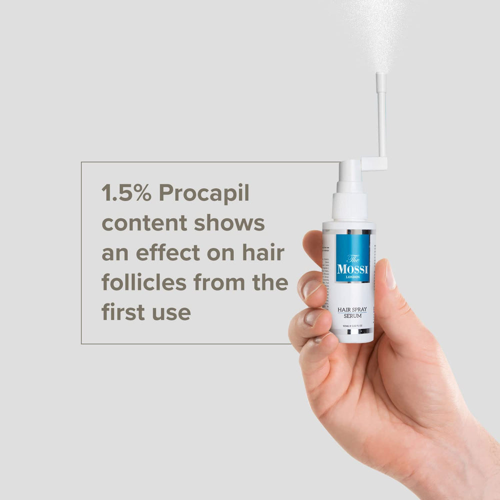 The Mossi London spray application on scalp demonstrates even coverage for daily refreshment.