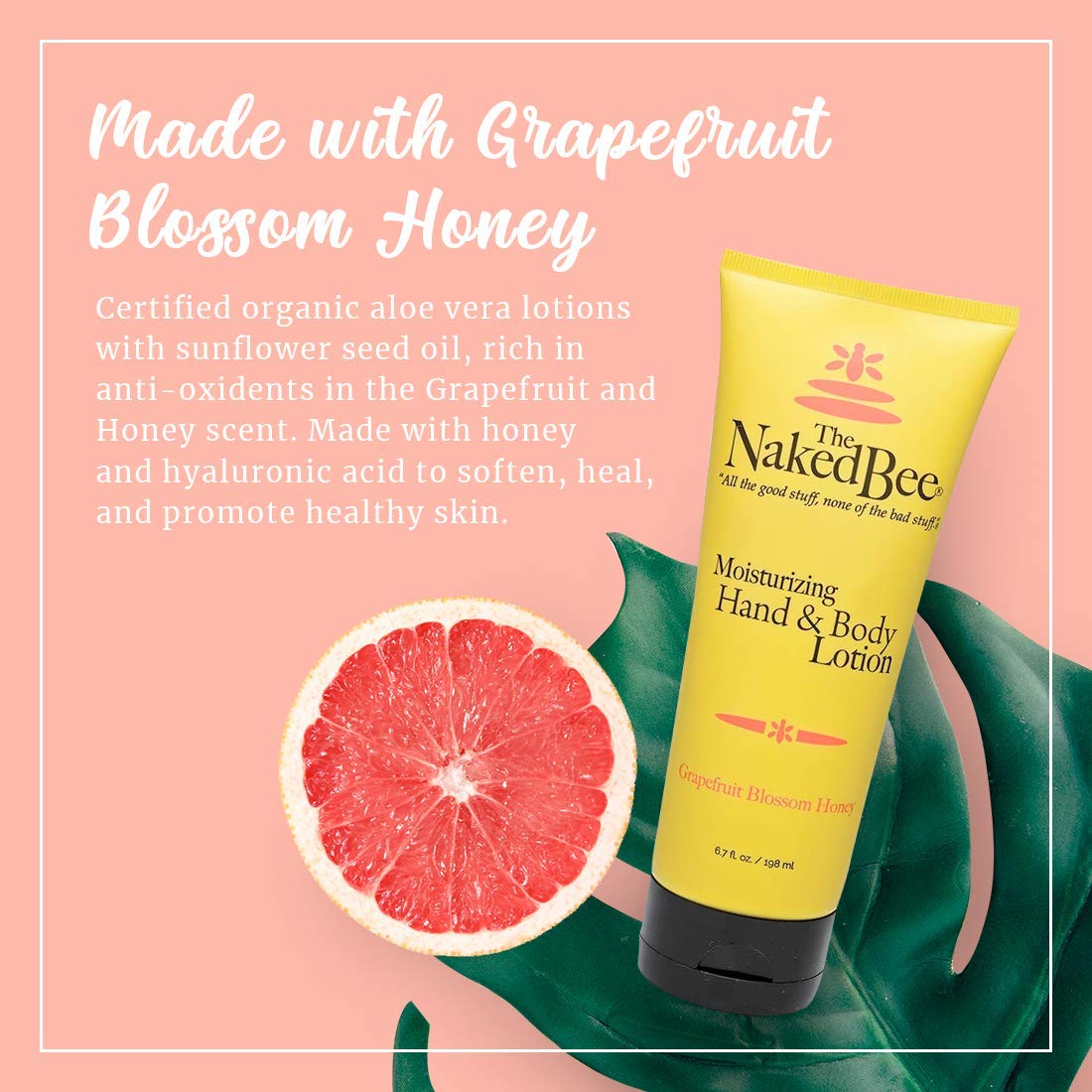The Naked Bee Grapefruit Blossom Honey hand lotion label showing cruelty-free formulation.