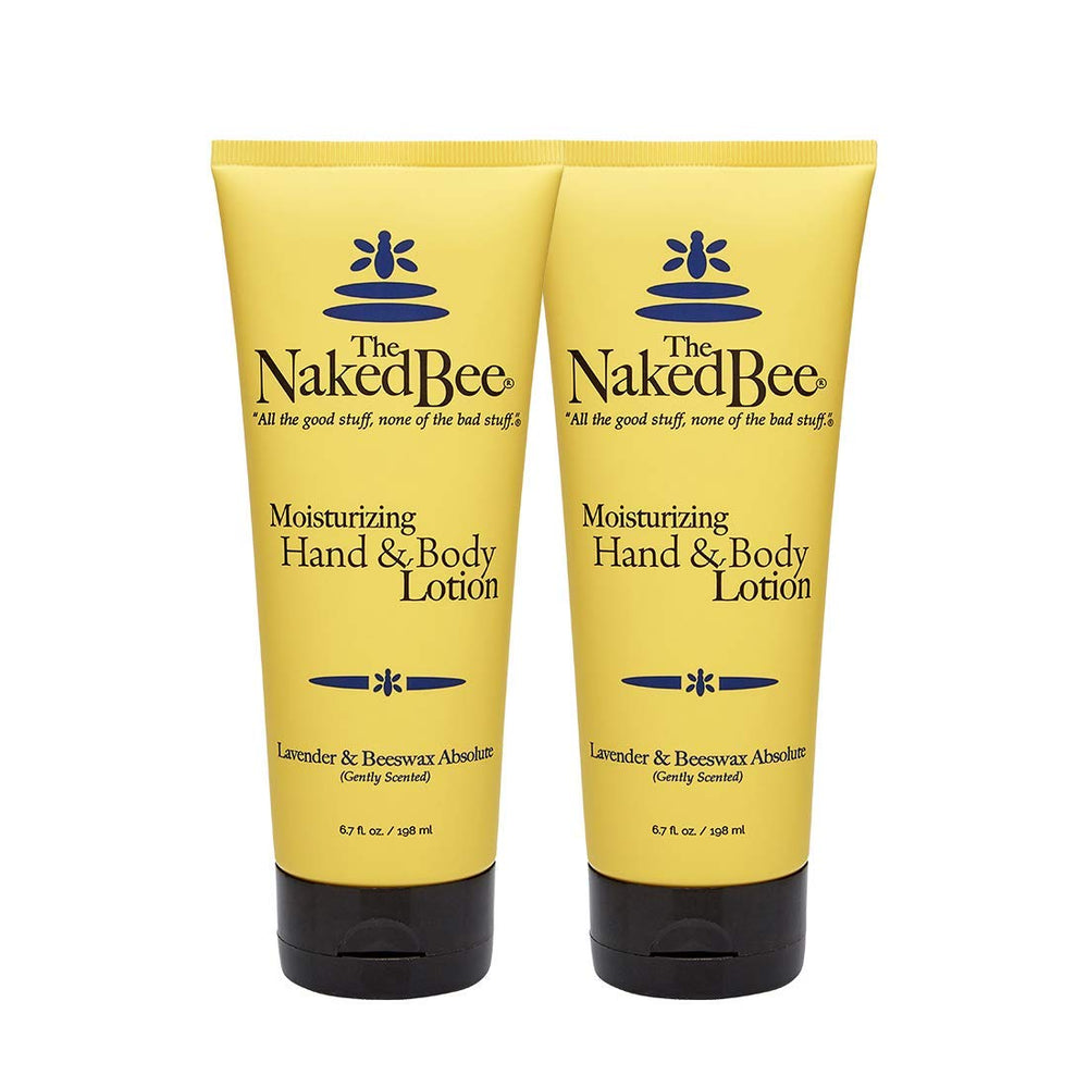The Naked Bee Lavender & Beeswax Absolute lotion bottle in a 2-pack for smooth skin.